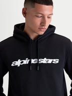 Alpinestars Race Wordmark Hoodie, Men's Casual Sportswear Pullover Fleece, Black and White, featuring a bold front linear logo, self-lined hood with dipped drawcord tips, constructed from a comfortable cotton and recycled polyester blend.