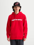 Alpinestars Race Wordmark hættetrøje, rød herrehættetrøje i fleece med hvidt Race Linear-logo på brystet og Ageless-logo på ærmet, motorsportsinspireret sportswear.
