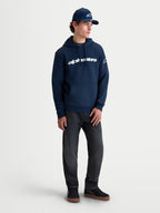 Alpinestars Race Wordmark hættetrøje, sportswear pullover-hættetrøje til herrer, navyblå og hvid, med markant wordmark på fronten og logo på ærmet, afslappet motorsport lifestyle-fleece med foret hætte.