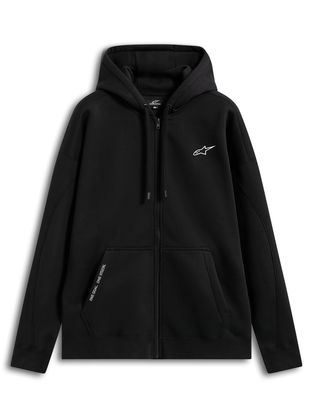 Alpinestars Pioneer Oversized Hættetrøje, sort fleece-hættetrøje med lynlås, unisex afslappet sportswear, kængurulomme med broderet tekst 'ONE GOAL. ONE VISION.', hvidt broderet brystlogo, fremstillet i bomuld og genanvendt polyester.