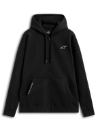 Alpinestars Pioneer Oversized Hættetrøje, sort fleece-hættetrøje med lynlås, unisex afslappet sportswear, kængurulomme med broderet tekst 'ONE GOAL. ONE VISION.', hvidt broderet brystlogo, fremstillet i bomuld og genanvendt polyester.