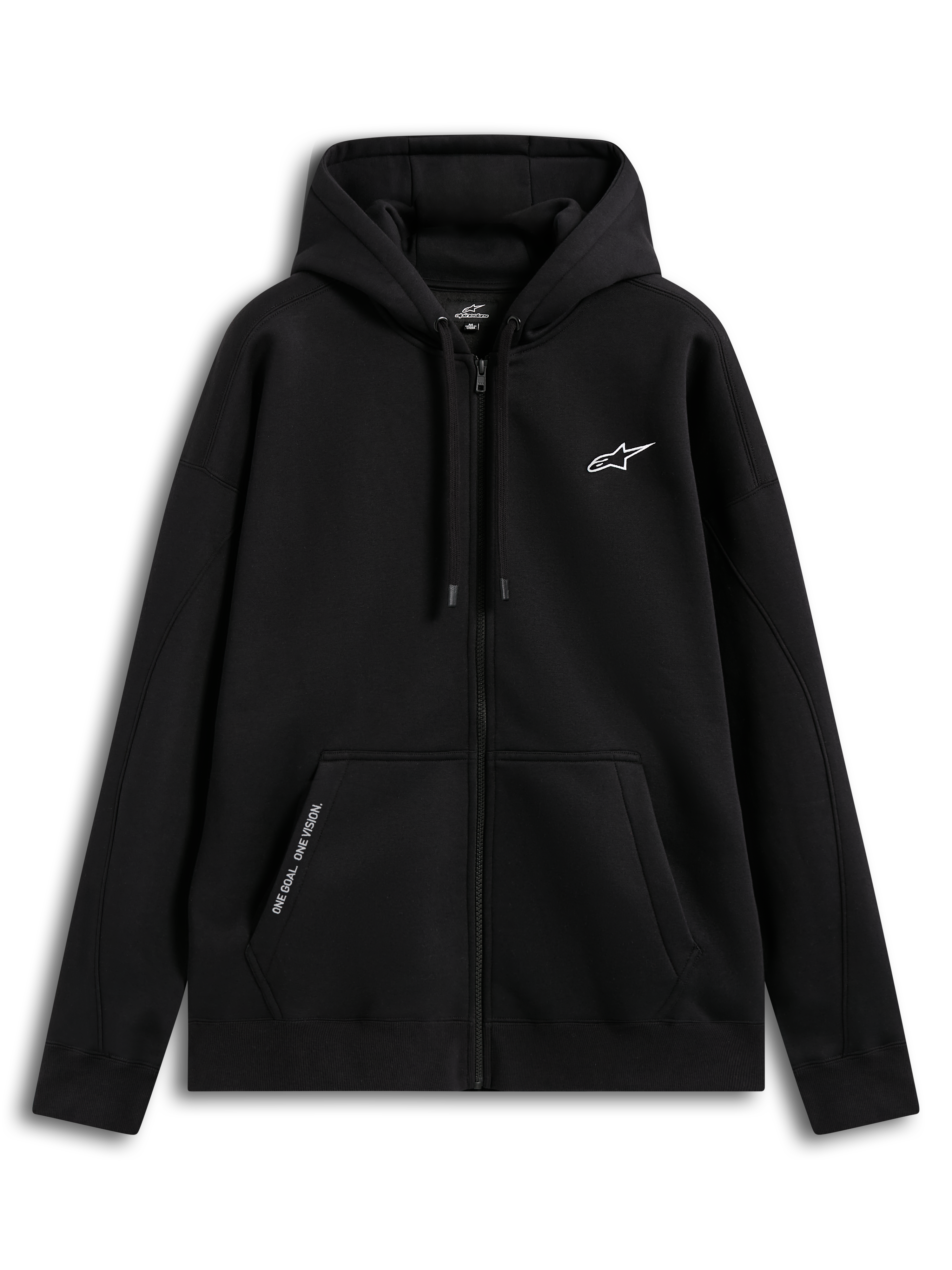 Alpinestars Pioneer Oversized Hættetrøje, sort fleece-hættetrøje med lynlås, unisex afslappet sportswear, kængurulomme med broderet tekst 'ONE GOAL. ONE VISION.', hvidt broderet brystlogo, fremstillet i bomuld og genanvendt polyester.