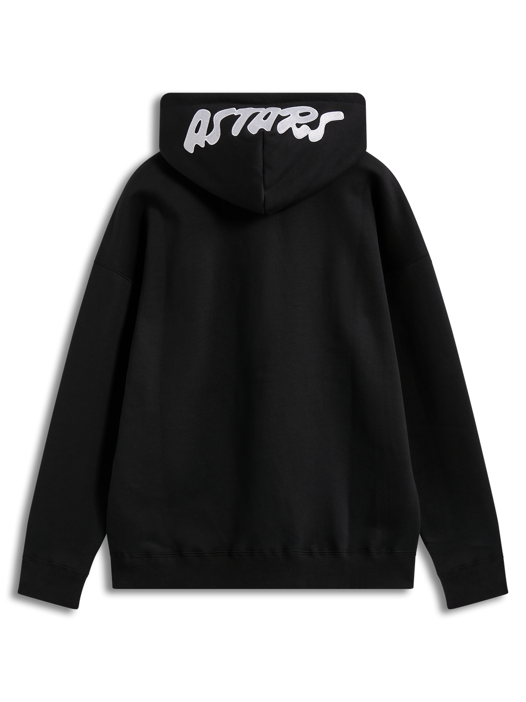 Alpinestars Pioneer Oversized Hoodie, sort hættetrøje i fleece set bagfra, hvidt broderet Astars-logo på hætten, afslappet sportswear