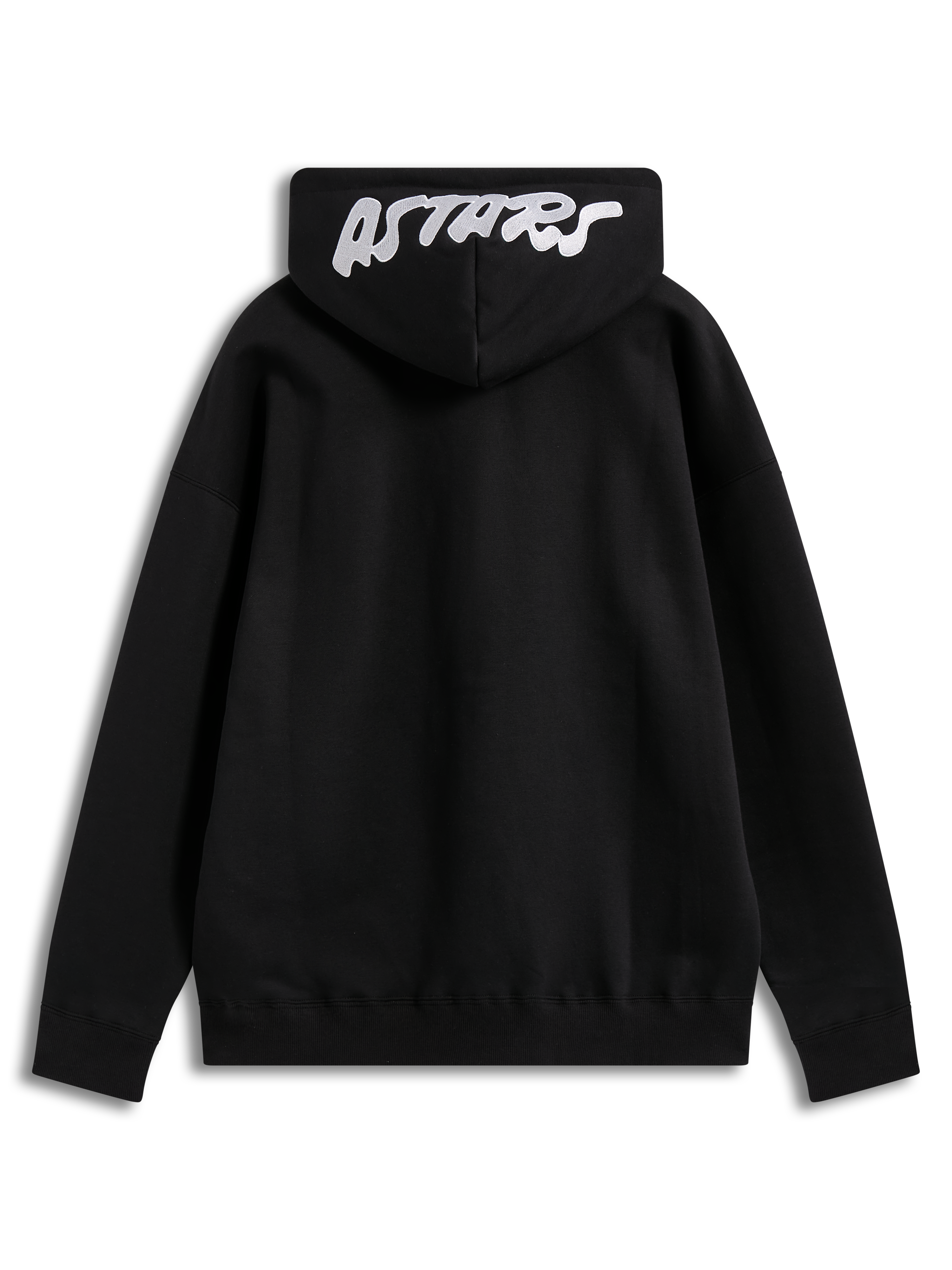 Alpinestars Pioneer Oversized Hoodie, sort hættetrøje i fleece set bagfra, hvidt broderet Astars-logo på hætten, afslappet sportswear