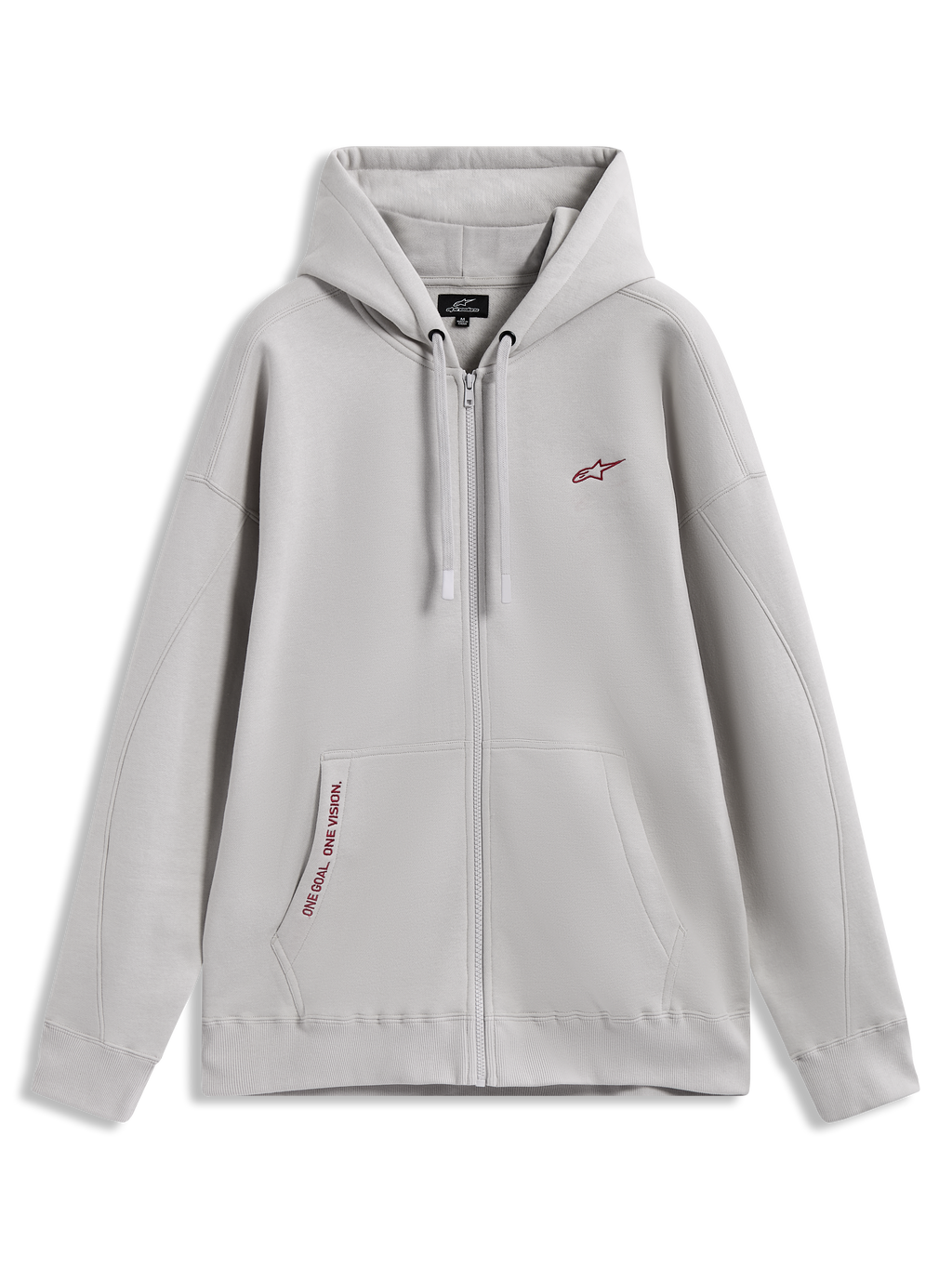 Alpinestars Pioneer Oversized Hoodie, cementgrå fleecehættetrøje med lynlås, røde logodetaljer og kængurulomme.