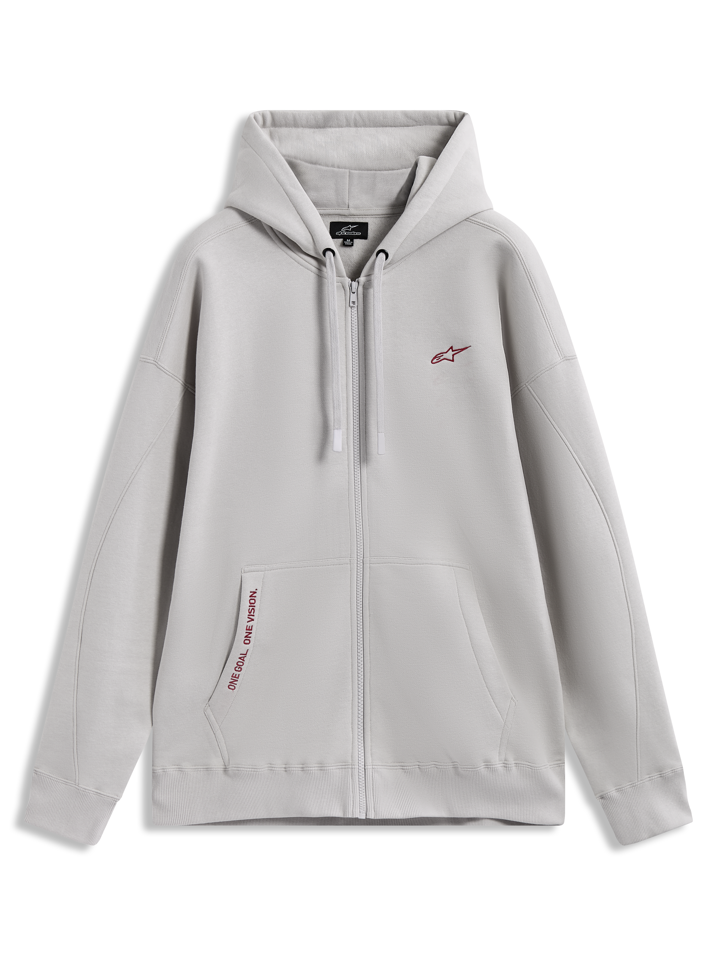 Alpinestars Pioneer Oversized Hoodie, cementgrå fleecehættetrøje med lynlås, røde logodetaljer og kængurulomme.