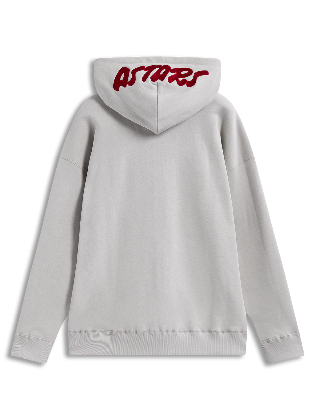 Alpinestars Pioneer Oversized Hoodie, sandfarvet fleecehættetrøje med rødt broderet Astars-logo på hætten, set bagfra.