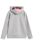 Alpinestars Pioneer Oversized Hoodie, sandfarvet fleecehættetrøje med rødt broderet Astars-logo på hætten, set bagfra.