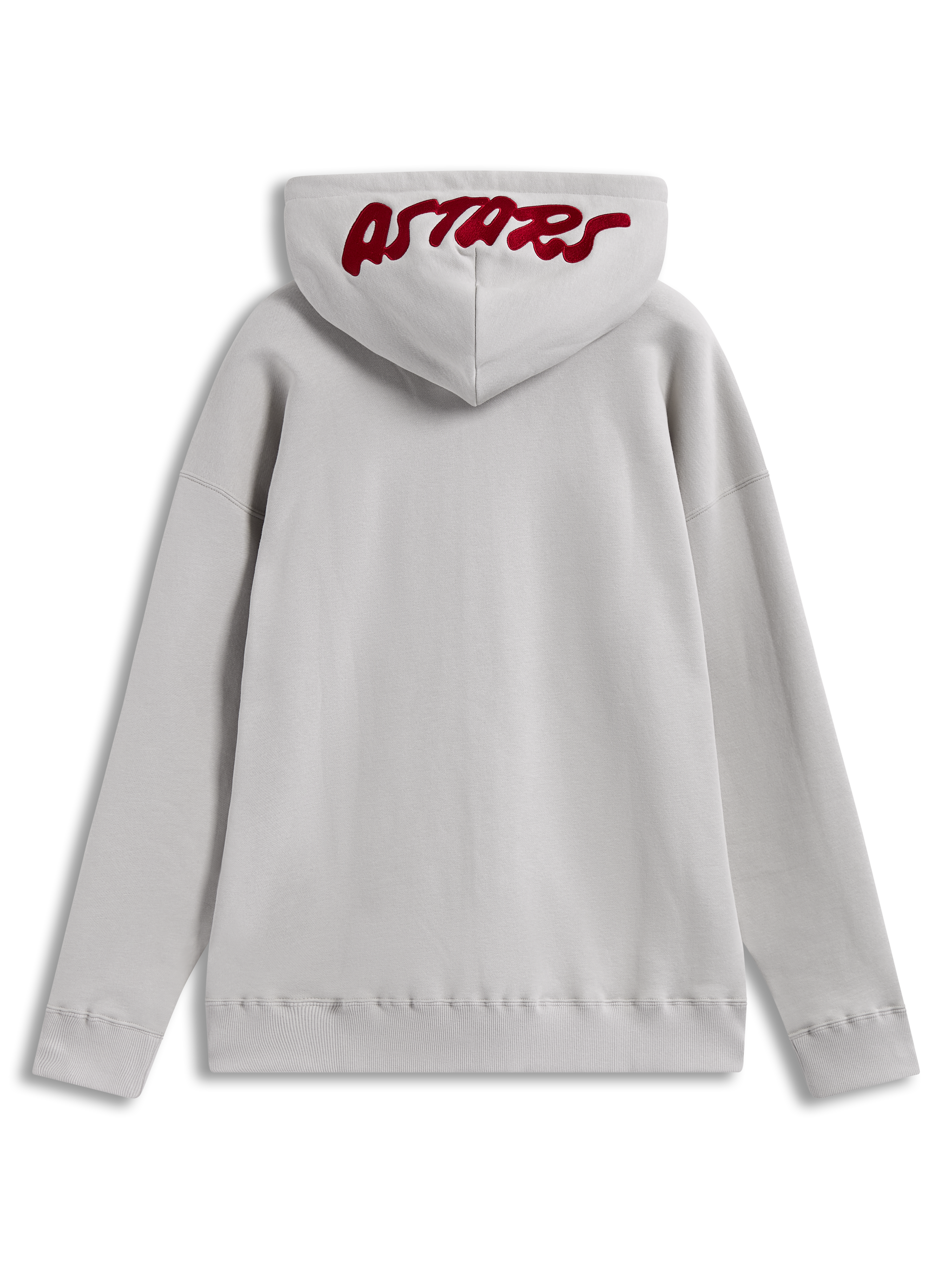Alpinestars Pioneer Oversized Hoodie, sandfarvet fleecehættetrøje med rødt broderet Astars-logo på hætten, set bagfra.