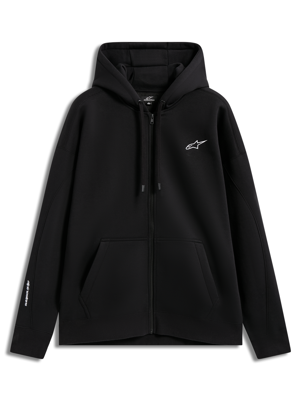 Alpinestars Entity Oversized hoodie, sort hættetrøje med lynlås, hvidt broderet logo, kængurulomme, fleece til sportswear.