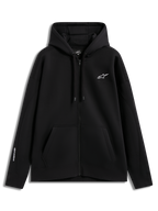 Alpinestars Entity Oversized hoodie, sort hættetrøje med lynlås, hvidt broderet logo, kængurulomme, fleece til sportswear.