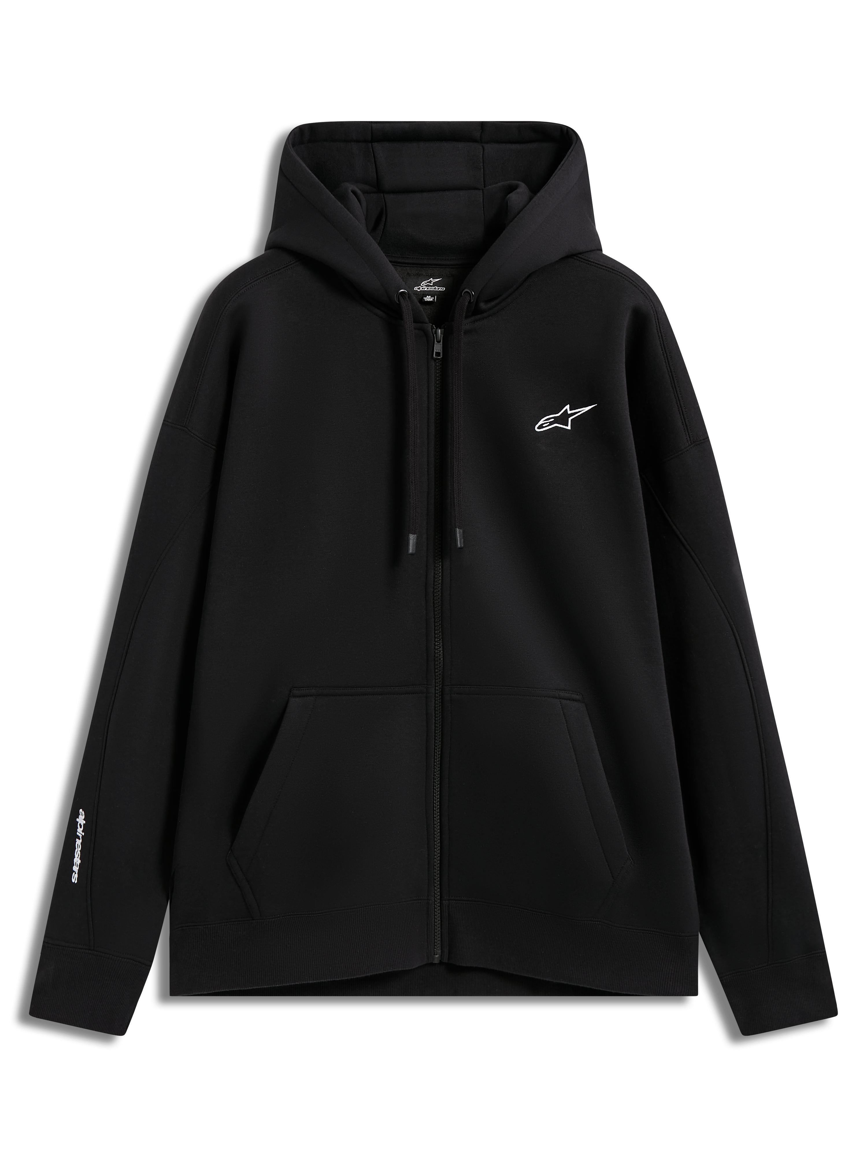 Alpinestars Entity Oversized hoodie, sort hættetrøje med lynlås, hvidt broderet logo, kængurulomme, fleece til sportswear.