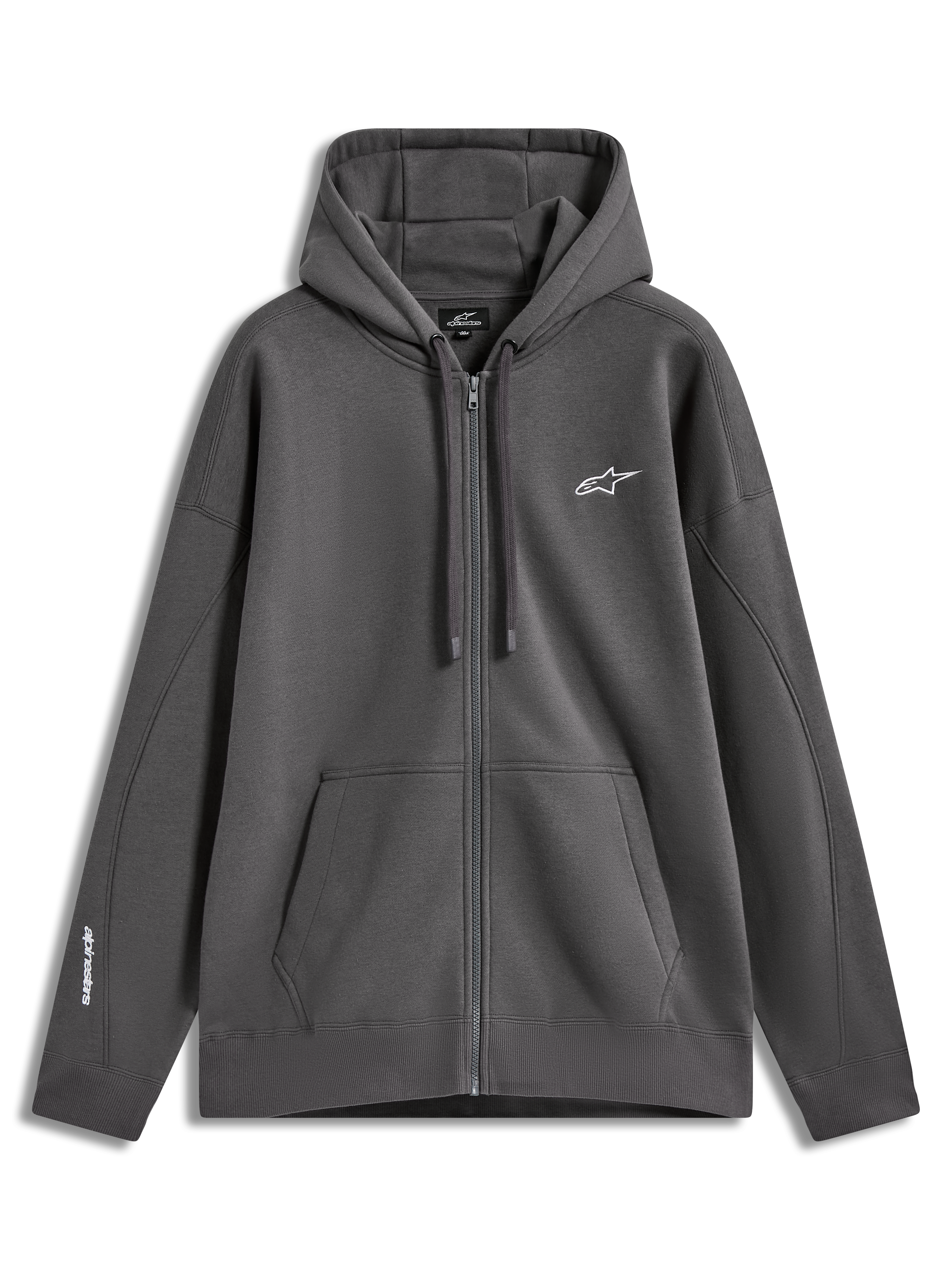 Alpinestars Entity Oversized Hoodie, charcoal gray full-zip sportswear featuring a kangaroo pocket and chest embroidery.
