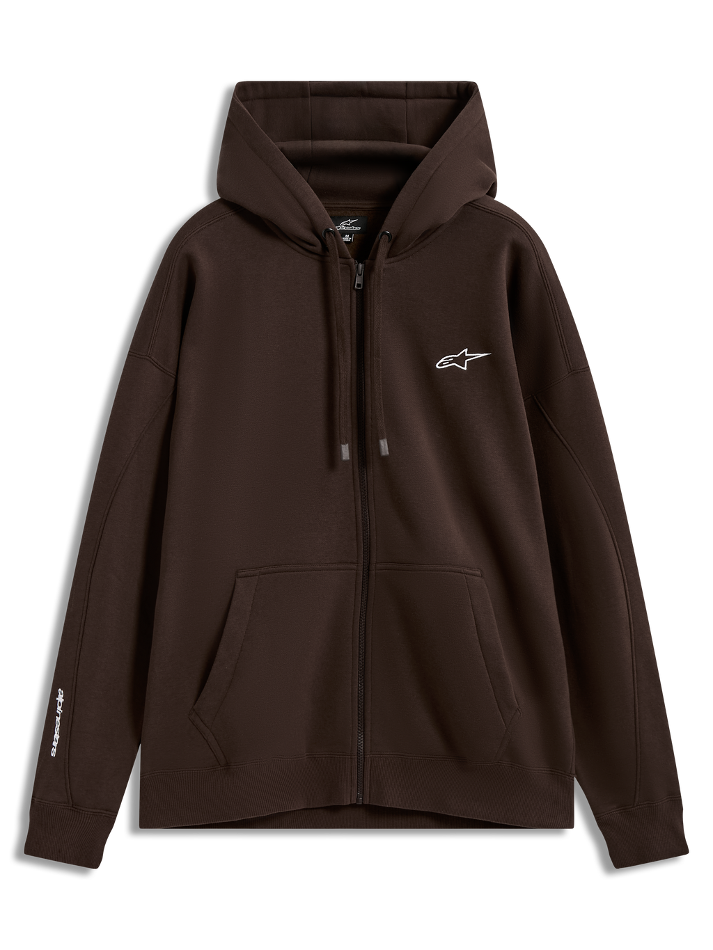 Alpinestars Entity Oversized Hoodie, Brown Zip-Up Sportswear Fleece with white chest and sleeve logos and kangaroo pocket.