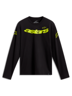 Alpinestars Velocifier CSF Long Sleeve Tee in black, featuring a neon yellow curved Astars graphic and shoulder logos.