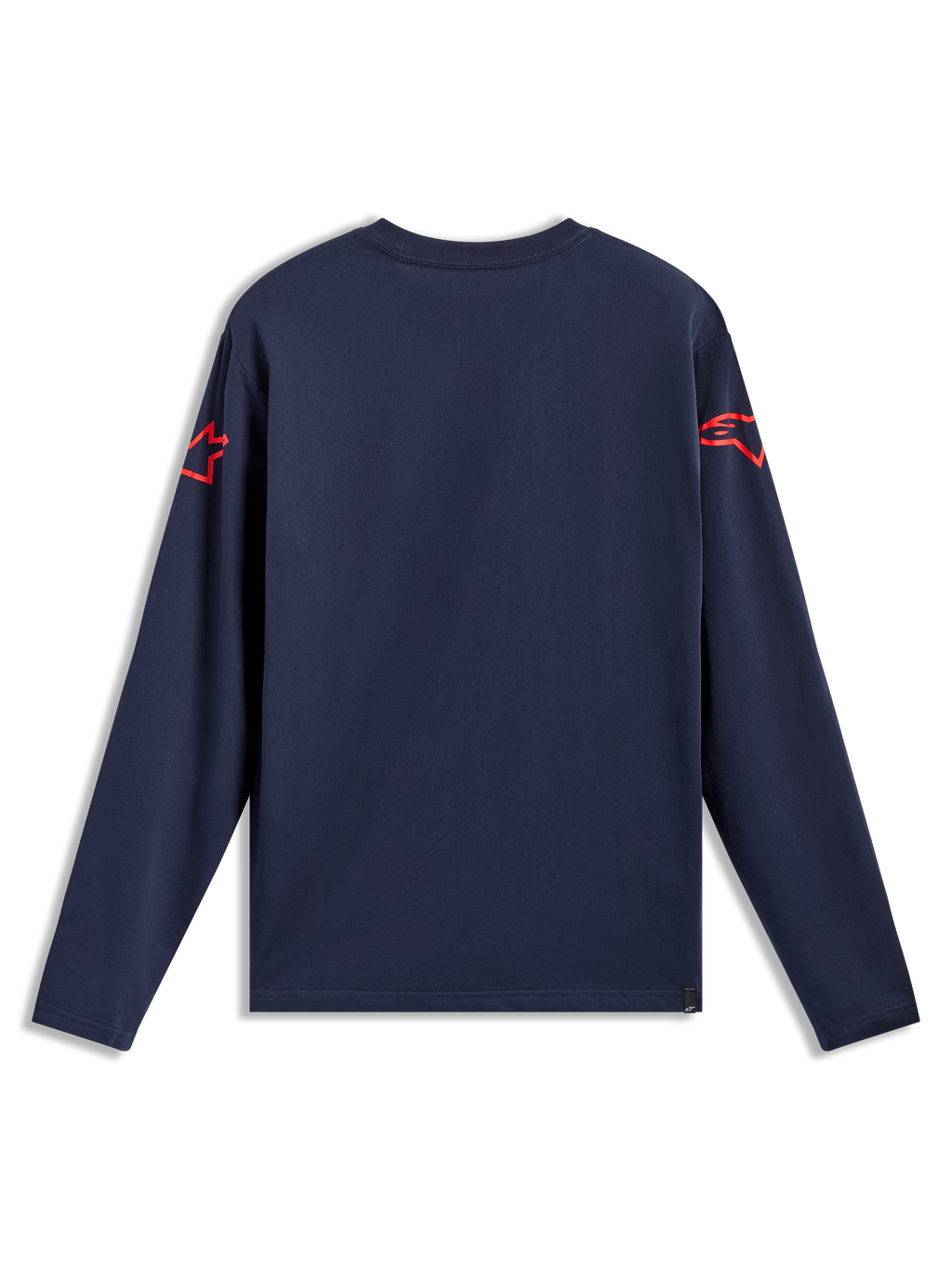 Alpinestars Velocifier CSF langærmet t-shirt, marineblå set bagfra med røde skulderlogoer, afslappet sportstøj.