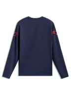 Alpinestars Velocifier CSF langærmet t-shirt, marineblå set bagfra med røde skulderlogoer, afslappet sportstøj.