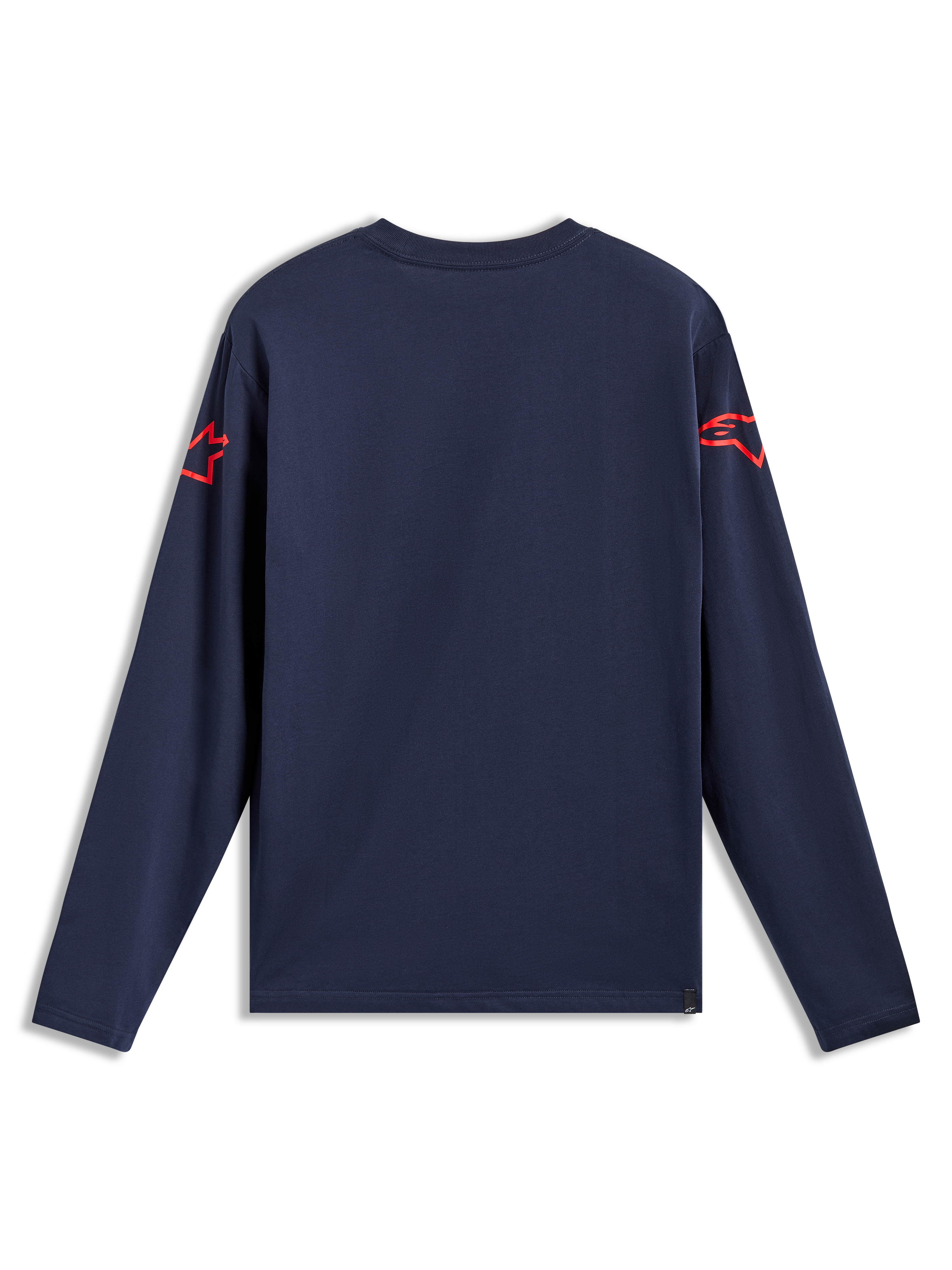 Alpinestars Velocifier CSF langærmet t-shirt, marineblå set bagfra med røde skulderlogoer, afslappet sportstøj.