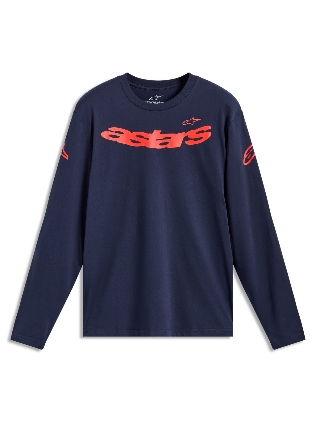 Alpinestars Velocifier CSF langærmet t-shirt, mørkeblå og rød, med buet Astars-tekst og skulderlogoer, afslappet sportstøj.