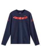Alpinestars Velocifier CSF langærmet t-shirt, mørkeblå og rød, med buet Astars-tekst og skulderlogoer, afslappet sportstøj.