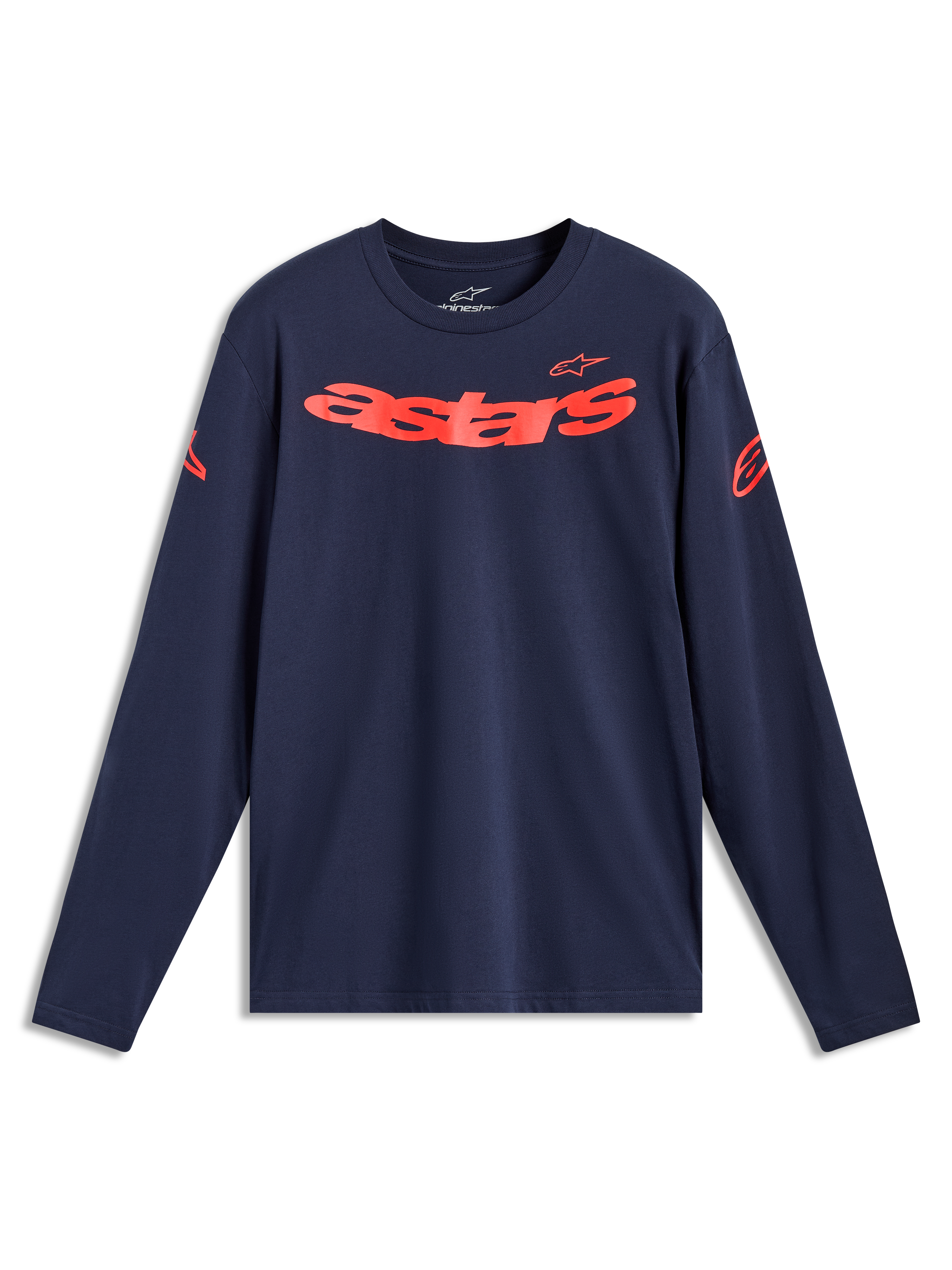 Alpinestars Velocifier CSF langærmet t-shirt, mørkeblå og rød, med buet Astars-tekst og skulderlogoer, afslappet sportstøj.