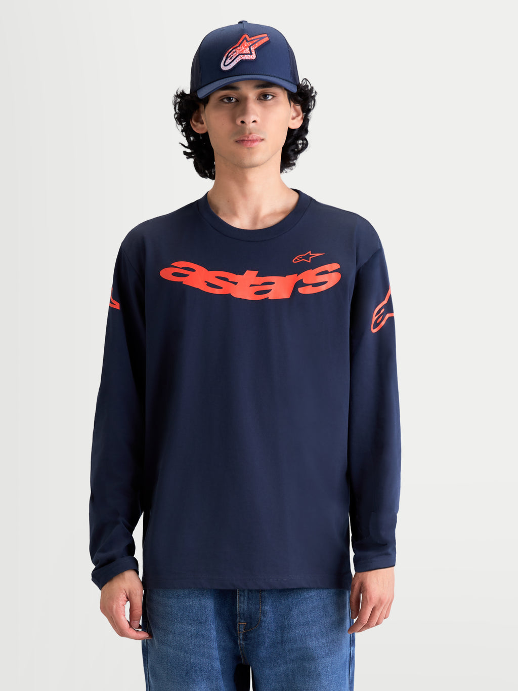 Alpinestars Velocifier CSF langærmet T-shirt, herresportstøj, marineblå og orange, med buet Astars-grafik foran og logoer på skuldrene, ribmanchetter, premium bomuldsblanding.