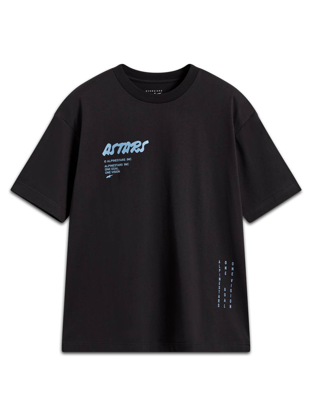 Alpinestars Chalk Oversized CSF Tee, sort kortærmet t-shirt med lyseblåt Astars-logo og sidebranding, oversized pasform.