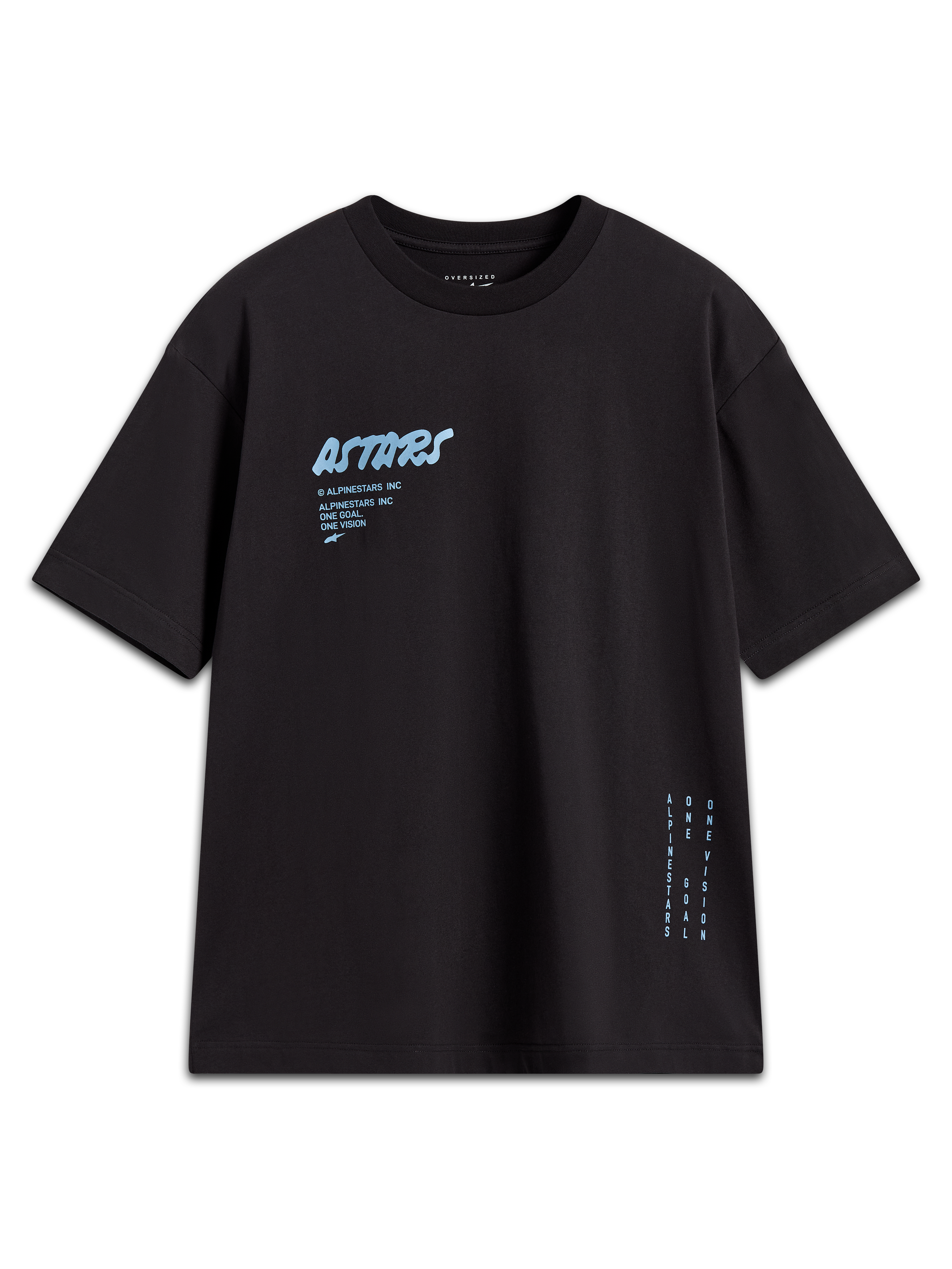 Alpinestars Chalk Oversized CSF Tee, sort kortærmet t-shirt med lyseblåt Astars-logo og sidebranding, oversized pasform.