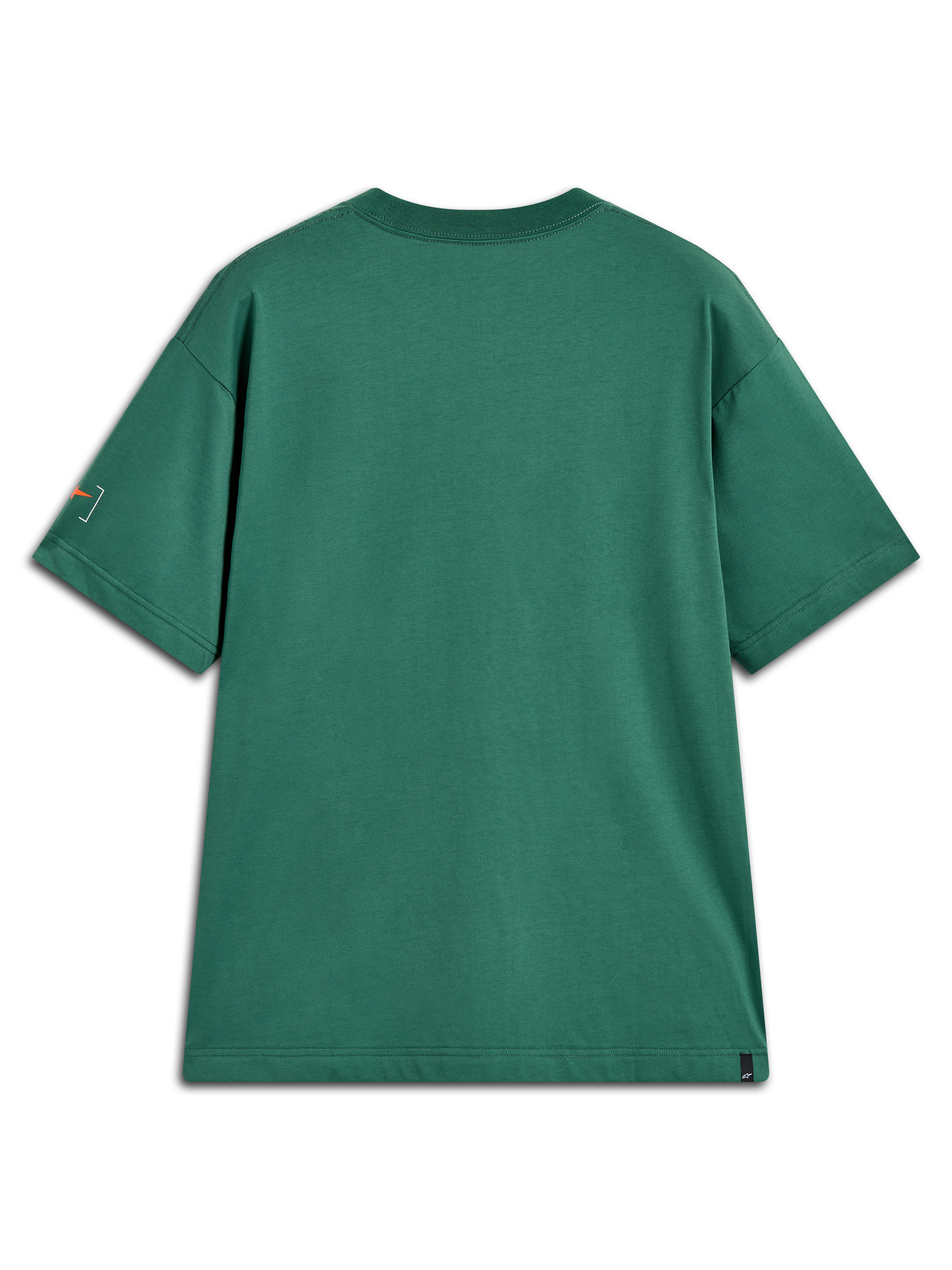 Alpinestars Infinity Oversized CSF Tee, grøn kortærmet t-shirt set bagfra med orange grafik på ærmet, afslappet sportstøj