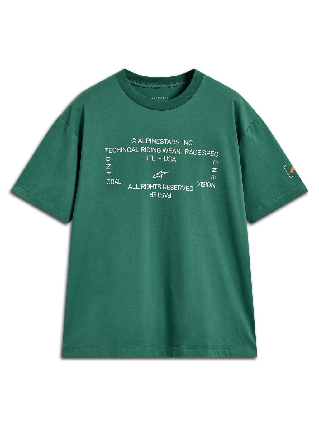 Alpinestars Infinity Oversized CSF Tee, grøn kortærmet t-shirt med hvid teknisk grafik og Astars-logo på ærmet.