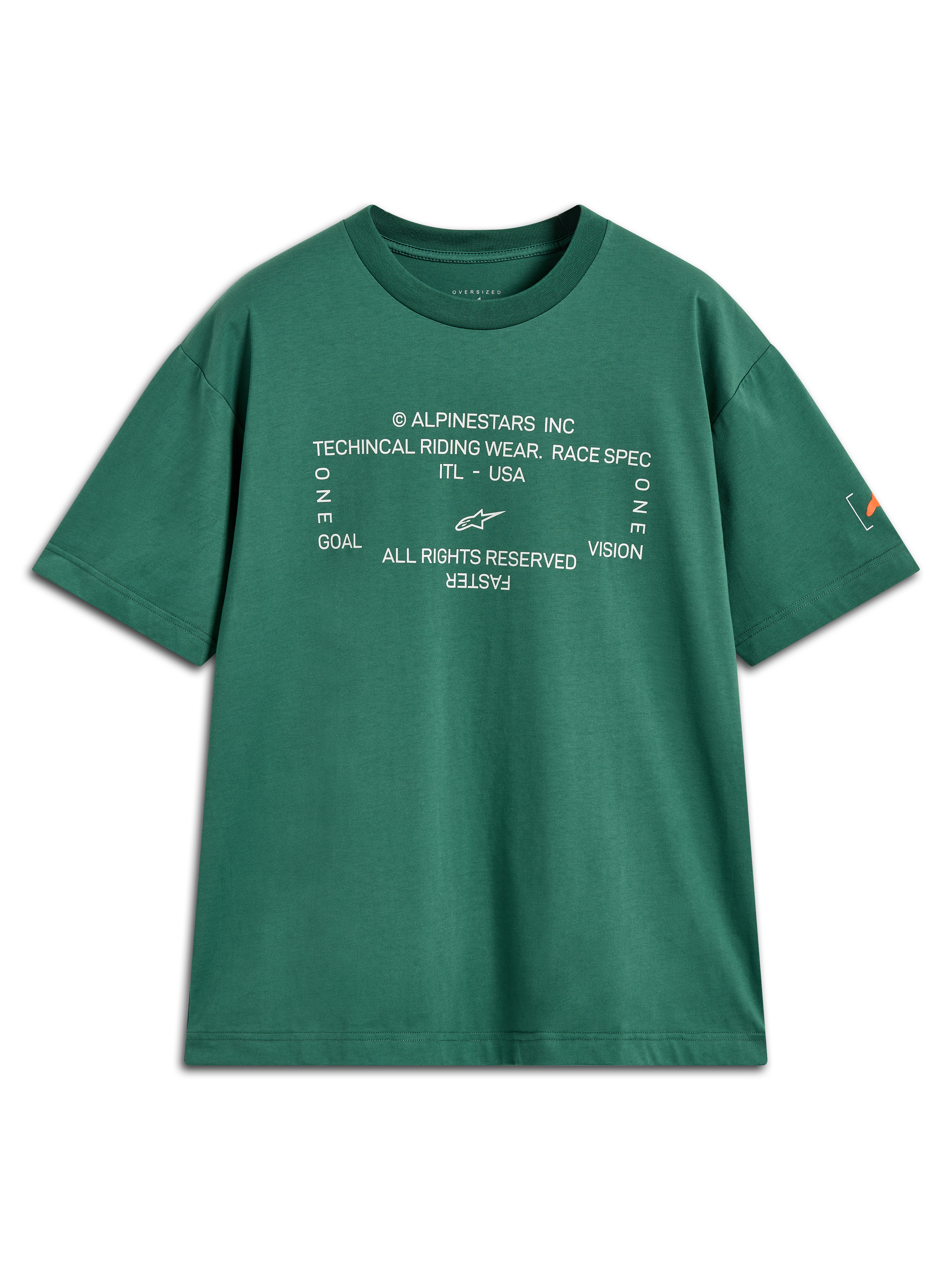 Alpinestars Infinity Oversized CSF Tee, grøn kortærmet t-shirt med hvid teknisk grafik og Astars-logo på ærmet.