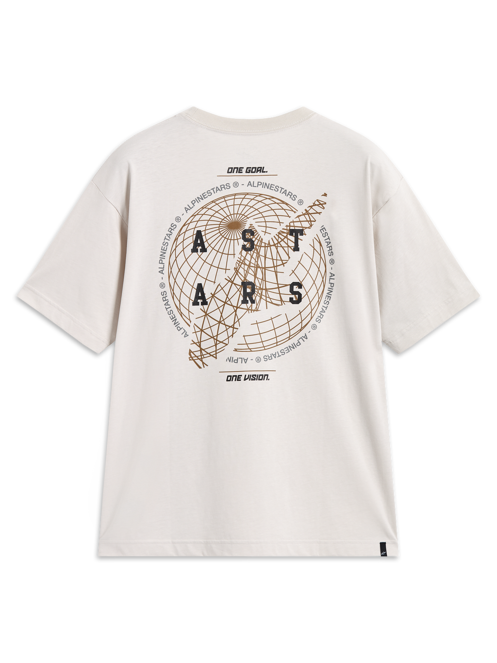 Alpinestars Latitude Oversized CSF T-shirt, beige kortærmet t-shirt med globe og Astars logo-grafik på ryggen.