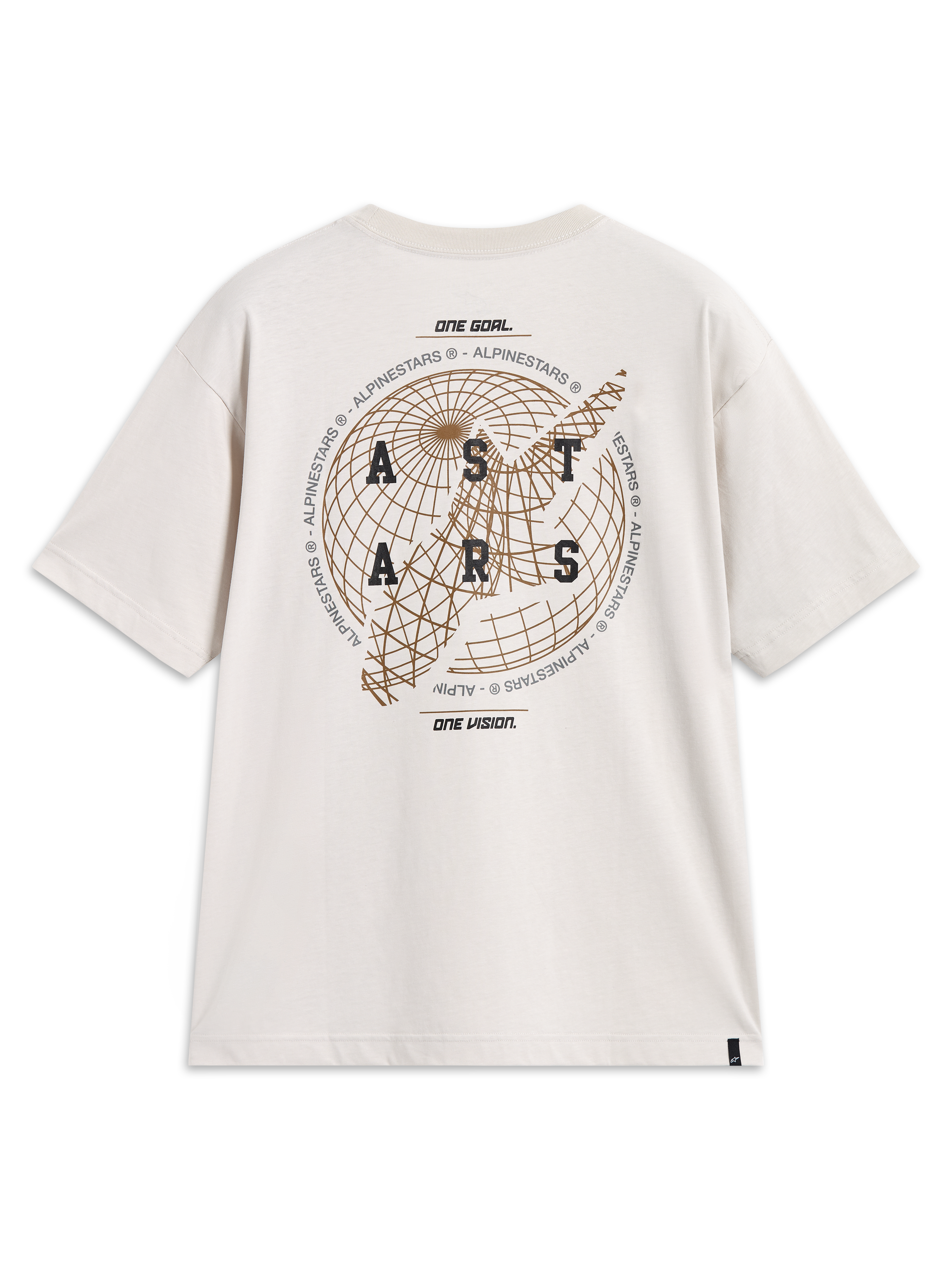 Alpinestars Latitude Oversized CSF T-shirt, beige kortærmet t-shirt med globe og Astars logo-grafik på ryggen.