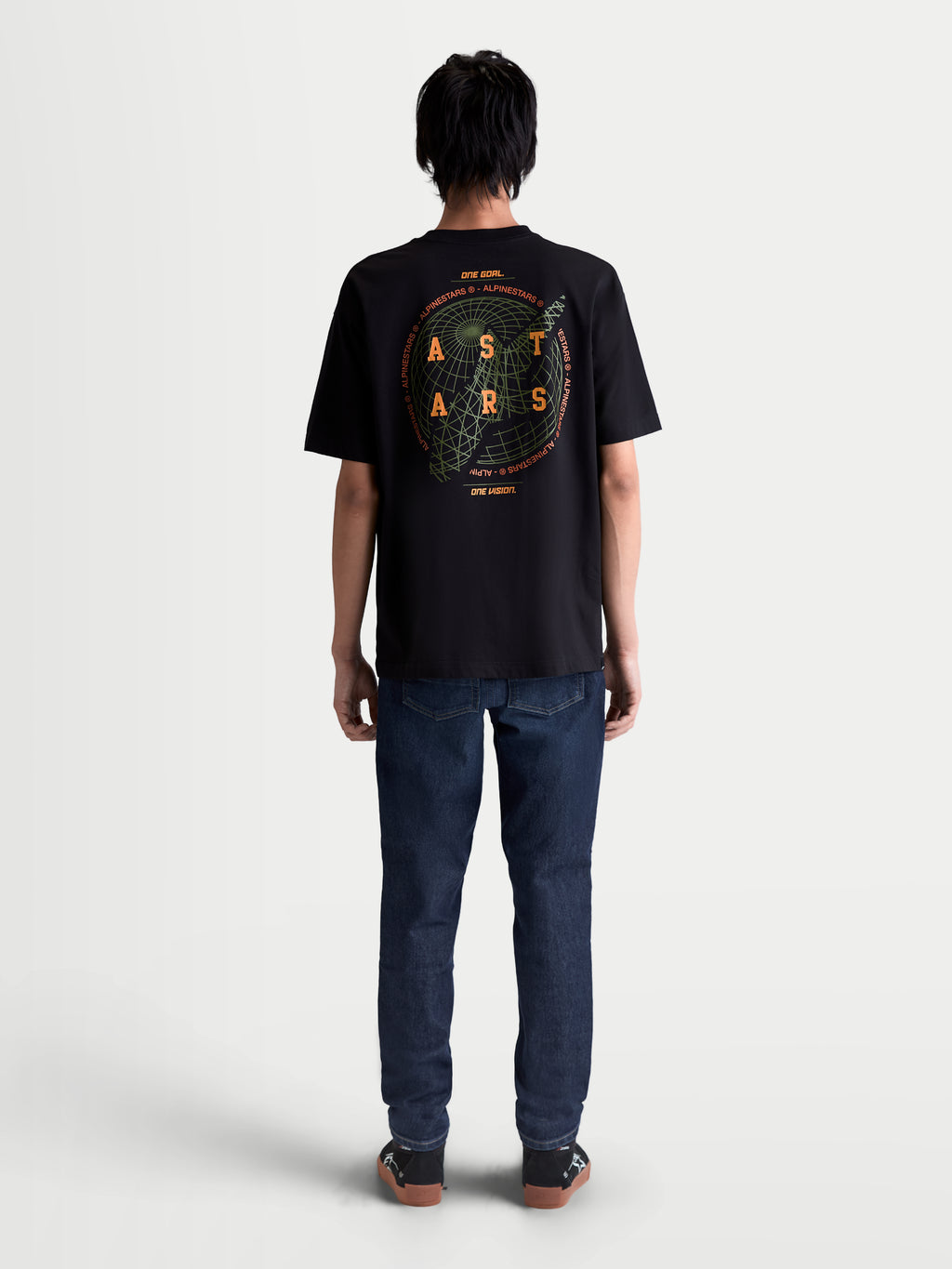 Alpinestars Latitude Oversized CSF Tee, Black Sportswear T-shirt, Back View showing Green Globe Graphic and Orange ASTARS Branding, Relaxed Oversized Fit, Premium Cotton-Poly Blend for Everyday Casual Wear