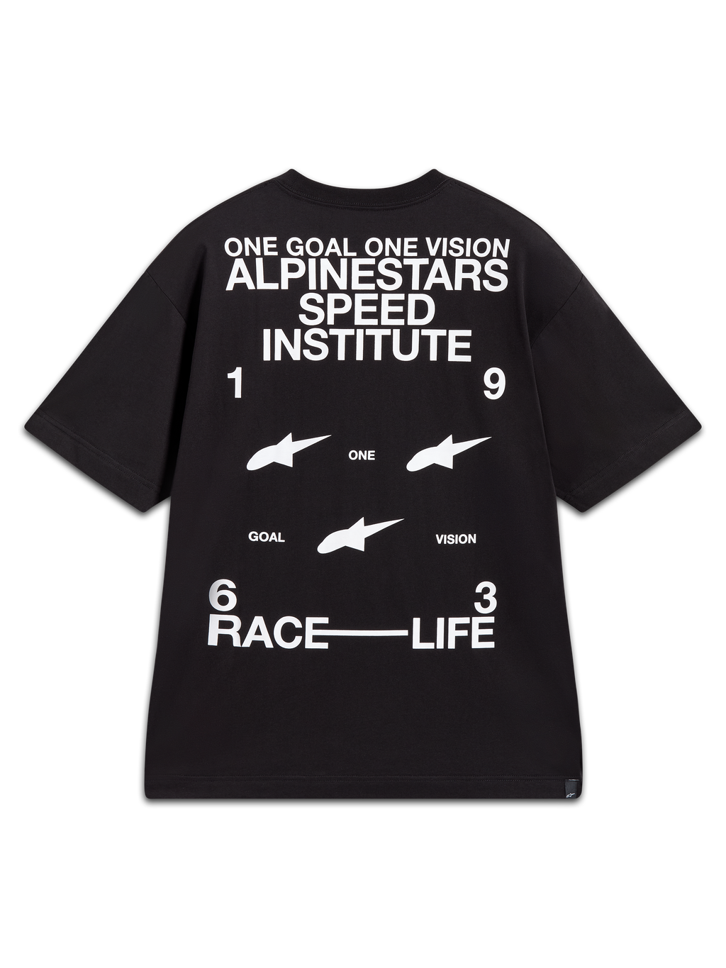 Alpinestars Institute Oversized CSF Tee, black short-sleeve sportswear shirt with bold white back graphics featuring Speed Institute branding and racing slogans.