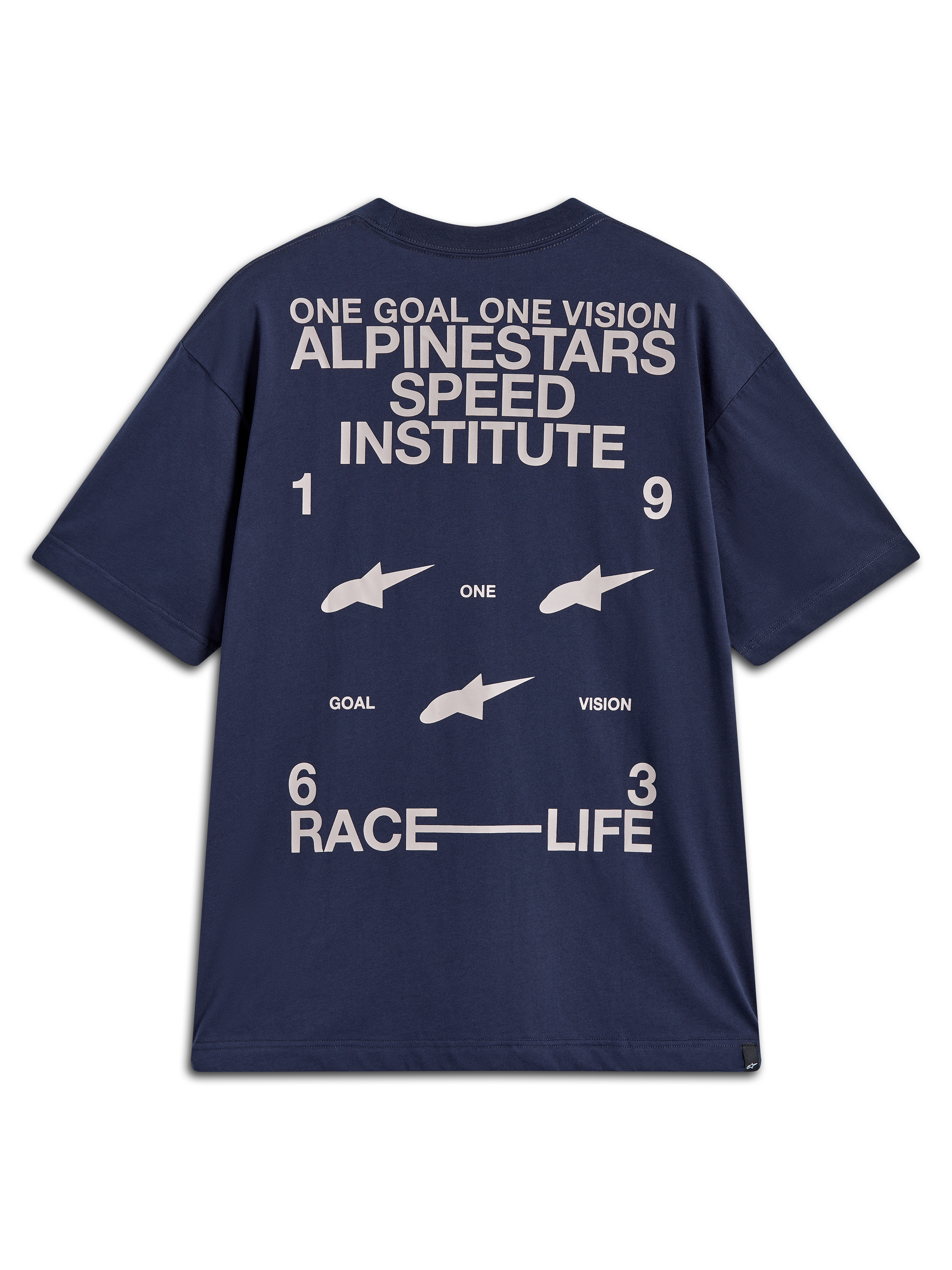 Alpinestars Institute Oversized SS CSF T-shirt, blå med hvid racinggrafik set bagfra, kortærmet motorsport-streetwear.