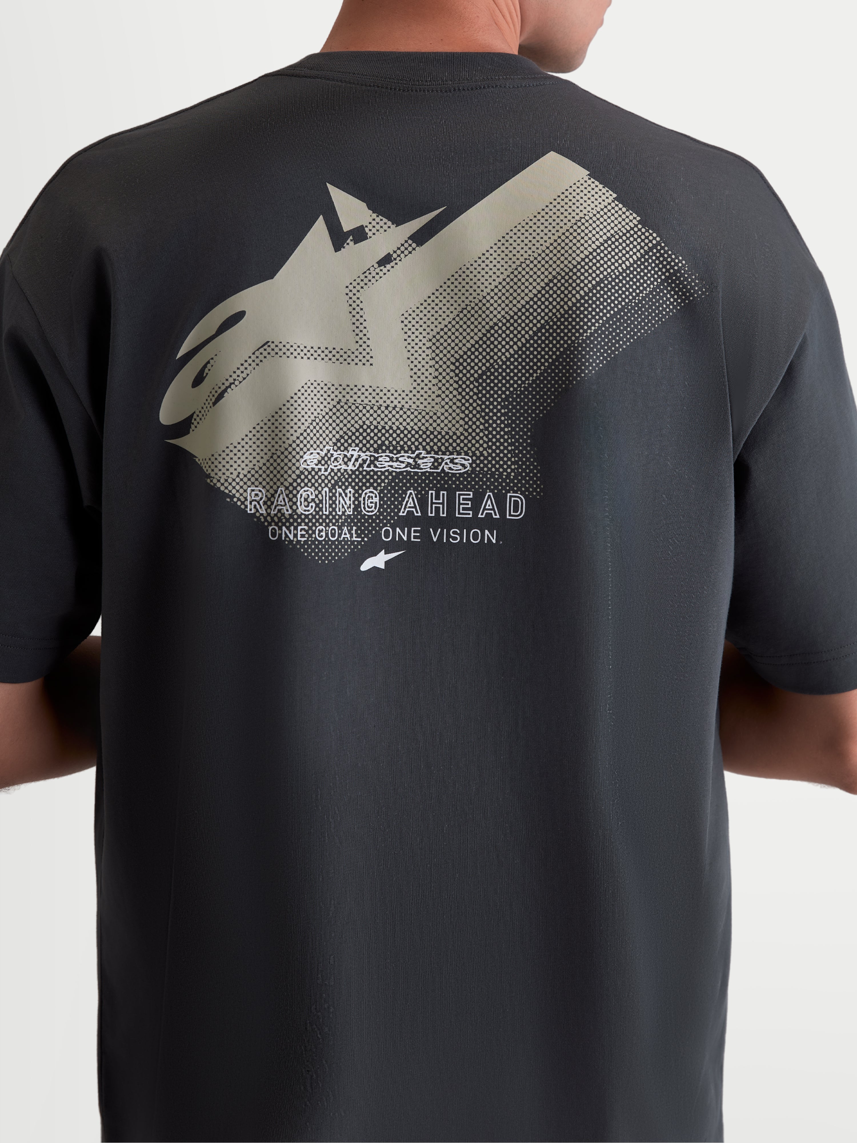 Alpinestars Ghost Oversized CSF Tee, Unisex Short Sleeve Sportswear T-Shirt, Charcoal Gray, back view showing the large logo fade graphic, relaxed oversized silhouette, cotton-poly blend.