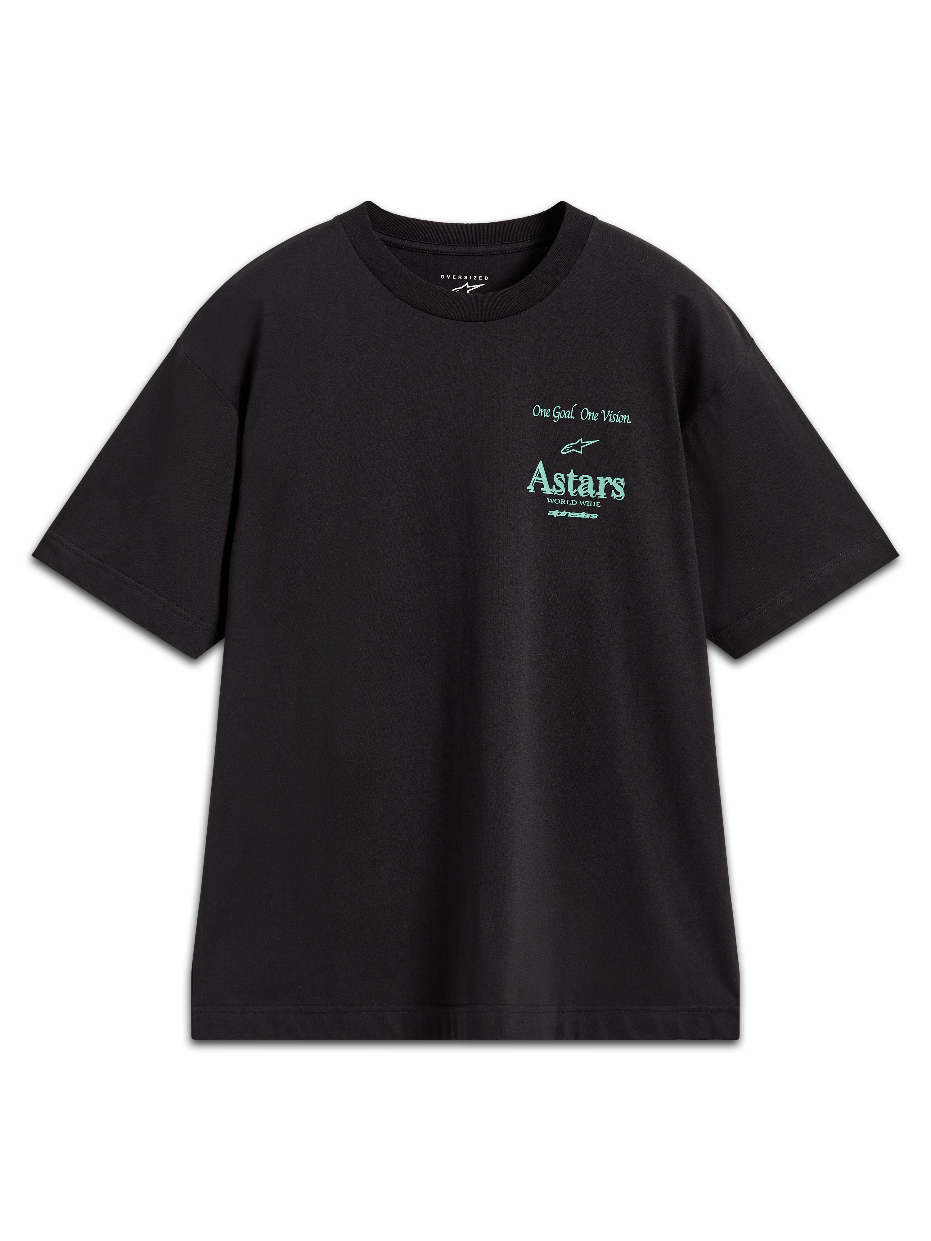 Alpinestars Post Oversized CSF Short Sleeve Tee, black cotton blend shirt with teal Astars logo and One Goal One Vision slogan.