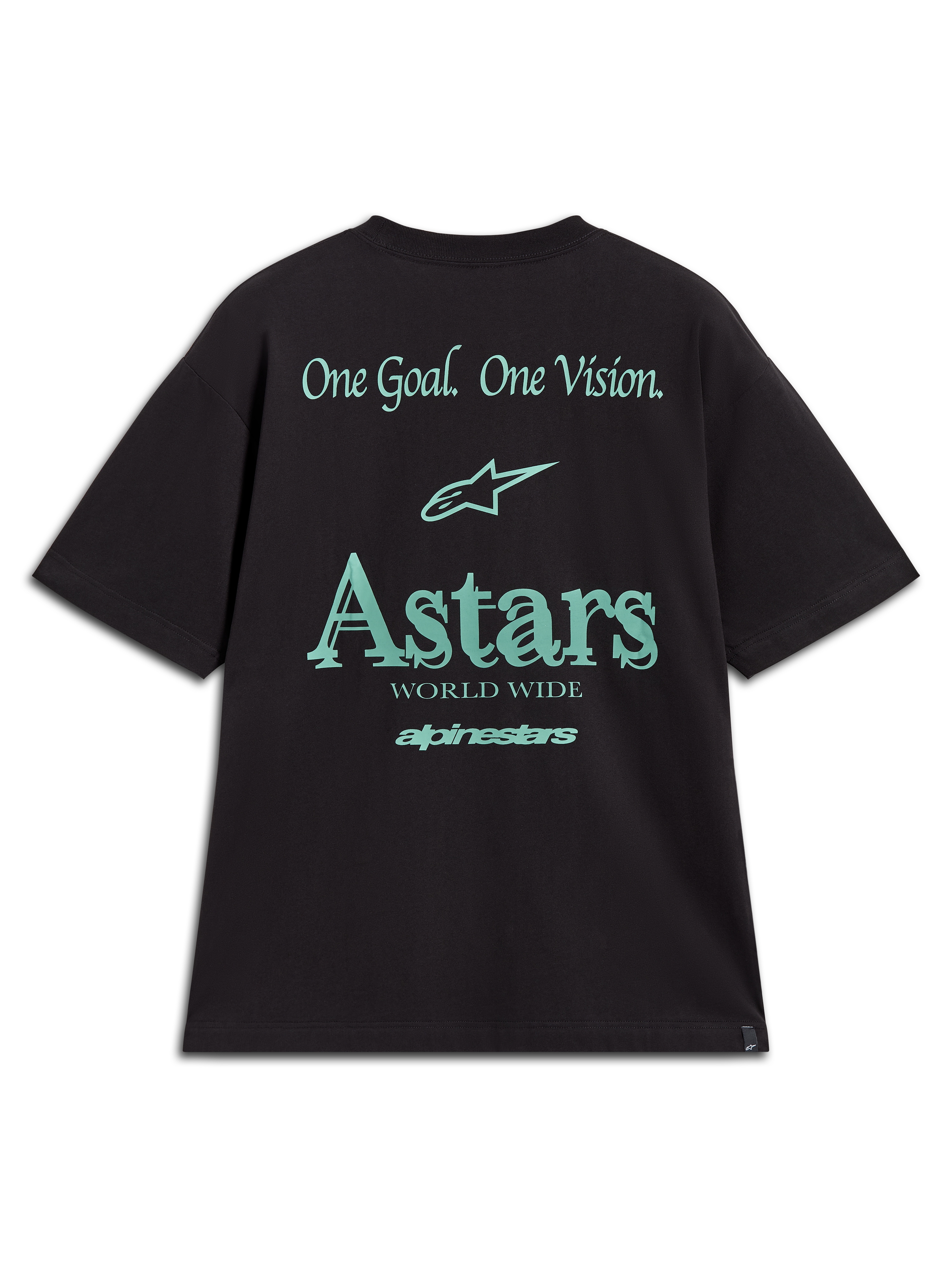 Alpinestars Post Oversized CSF Tee, Black and Teal Sportswear Shirt with back One Goal One Vision and Astars graphics.