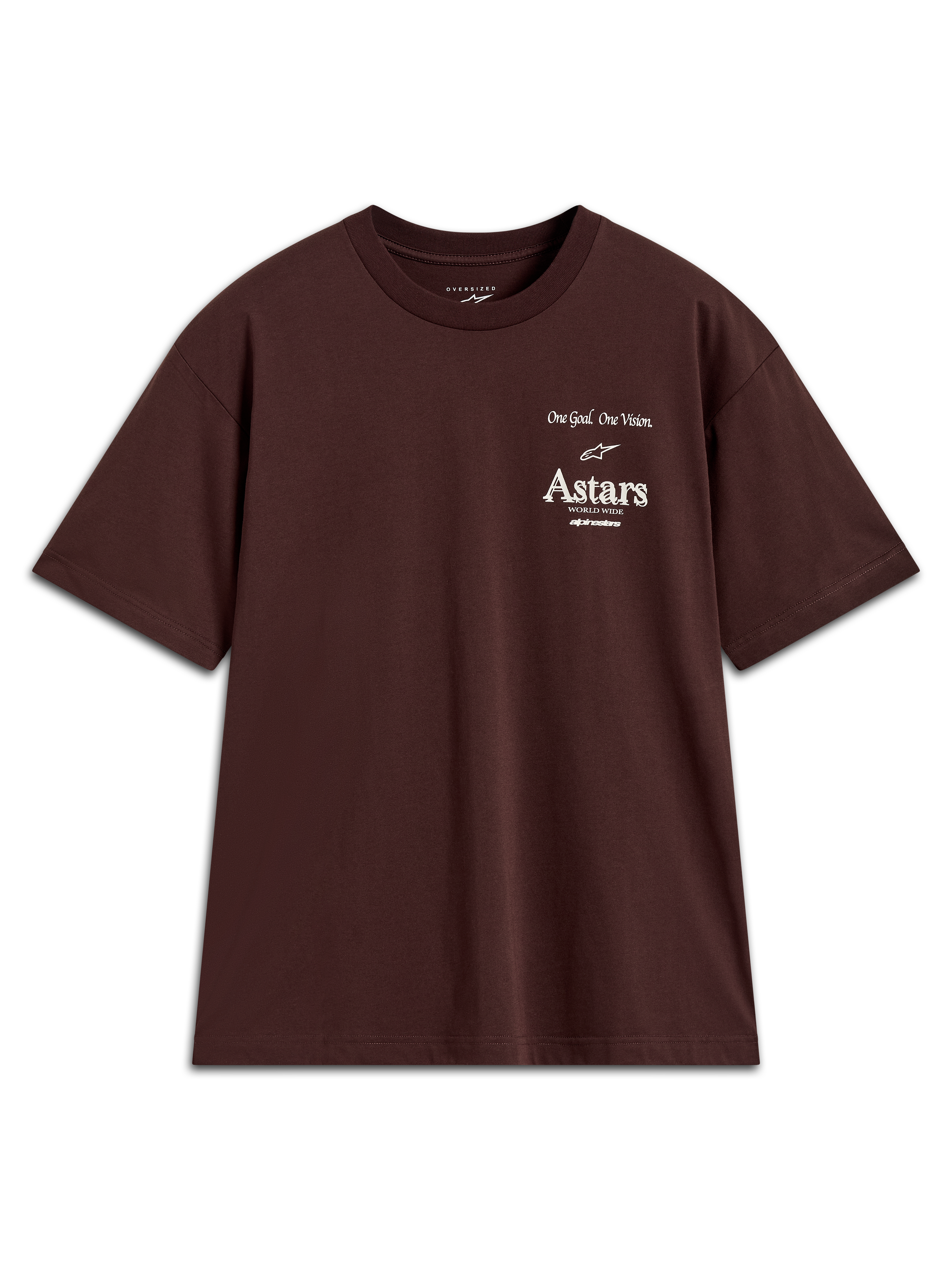 Alpinestars Post Oversized CSF T-shirt, mørkebrun kortærmet trøje med hvid Astars-logografik på brystet.