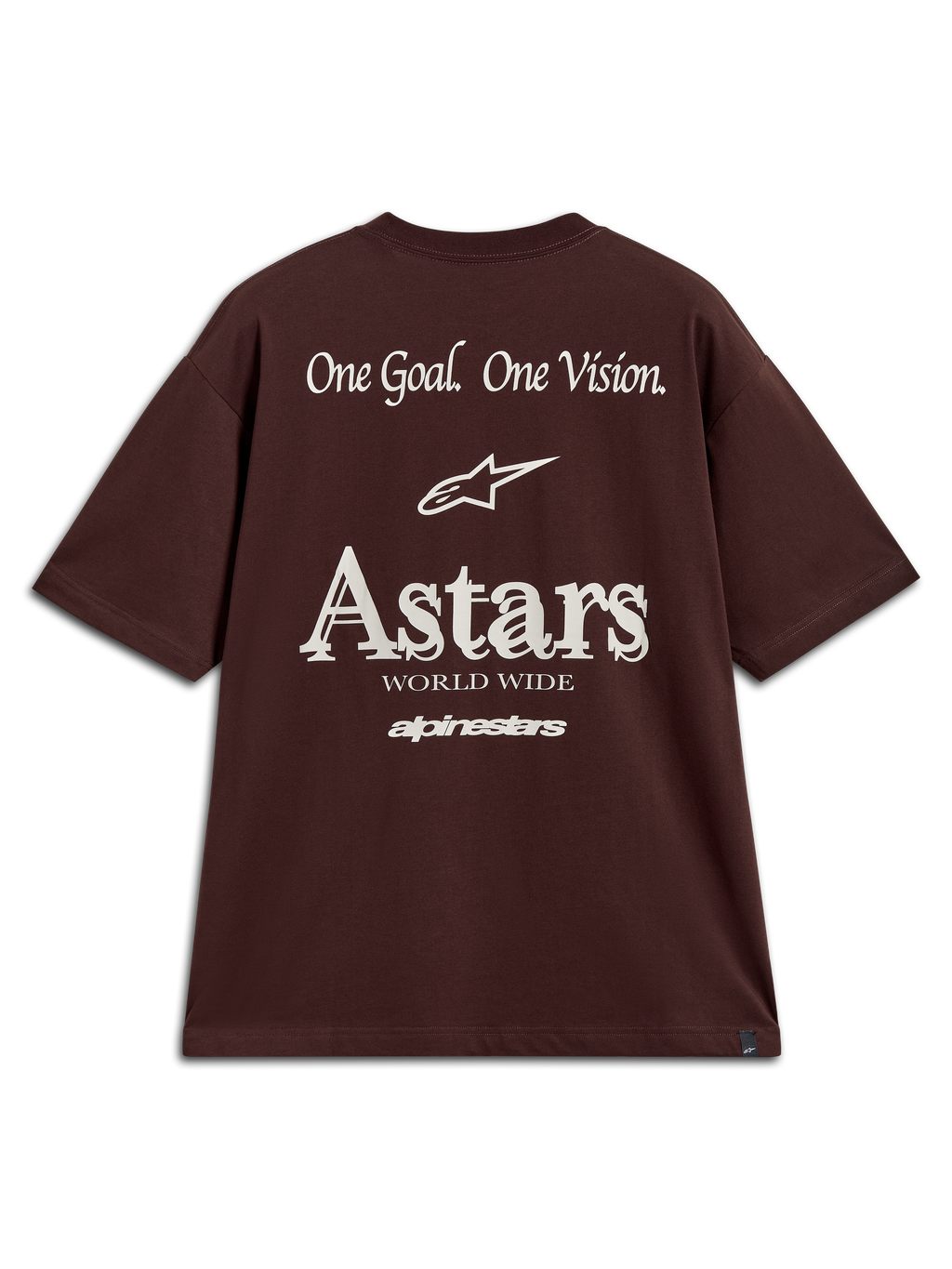 Alpinestars Post Oversized CSF T-shirt, mørkebrun kortærmet trøje med hvid One Goal One Vision grafik og Astars logo bagpå.