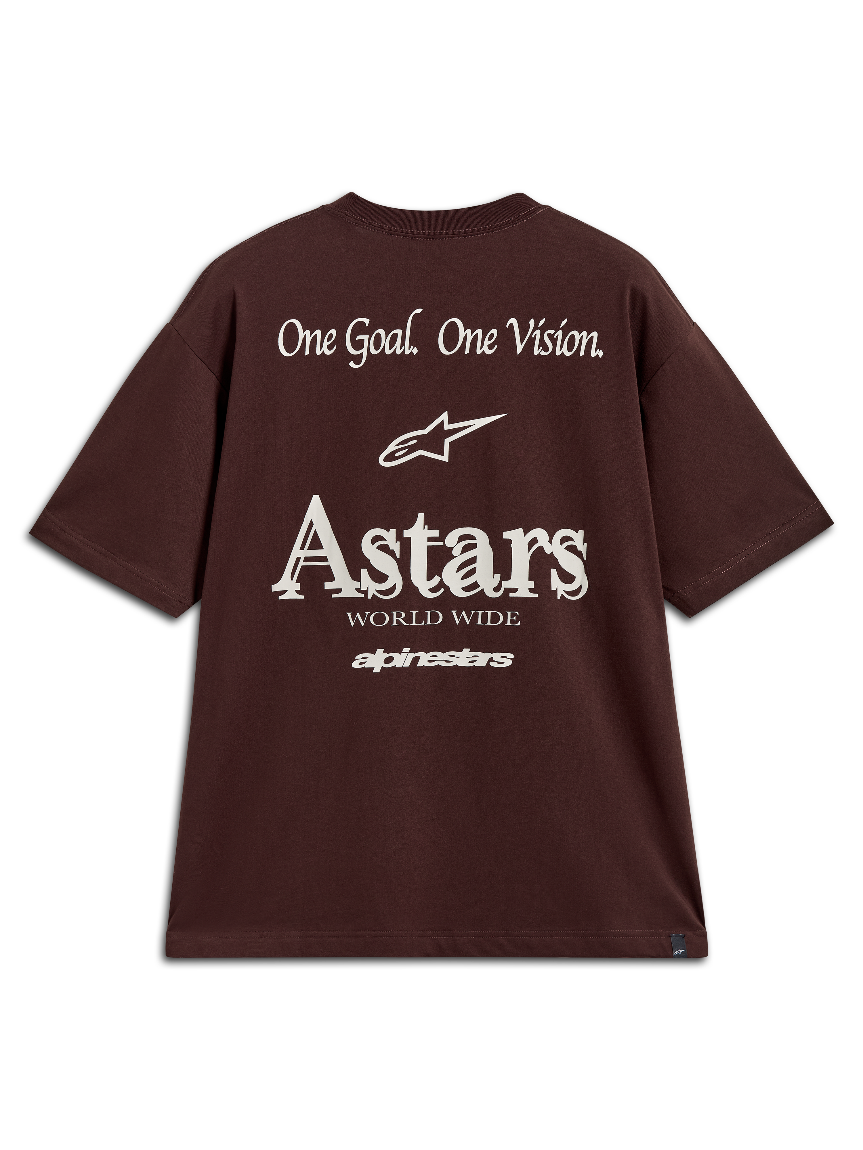 Alpinestars Post Oversized CSF T-shirt, mørkebrun kortærmet trøje med hvid One Goal One Vision grafik og Astars logo bagpå.