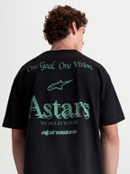 Alpinestars Post Oversized CSF Tee, Sportswear Short Sleeve T-Shirt, Black and Green, back view showing One Goal One Vision text and Astars logo graphics, relaxed oversized fit.