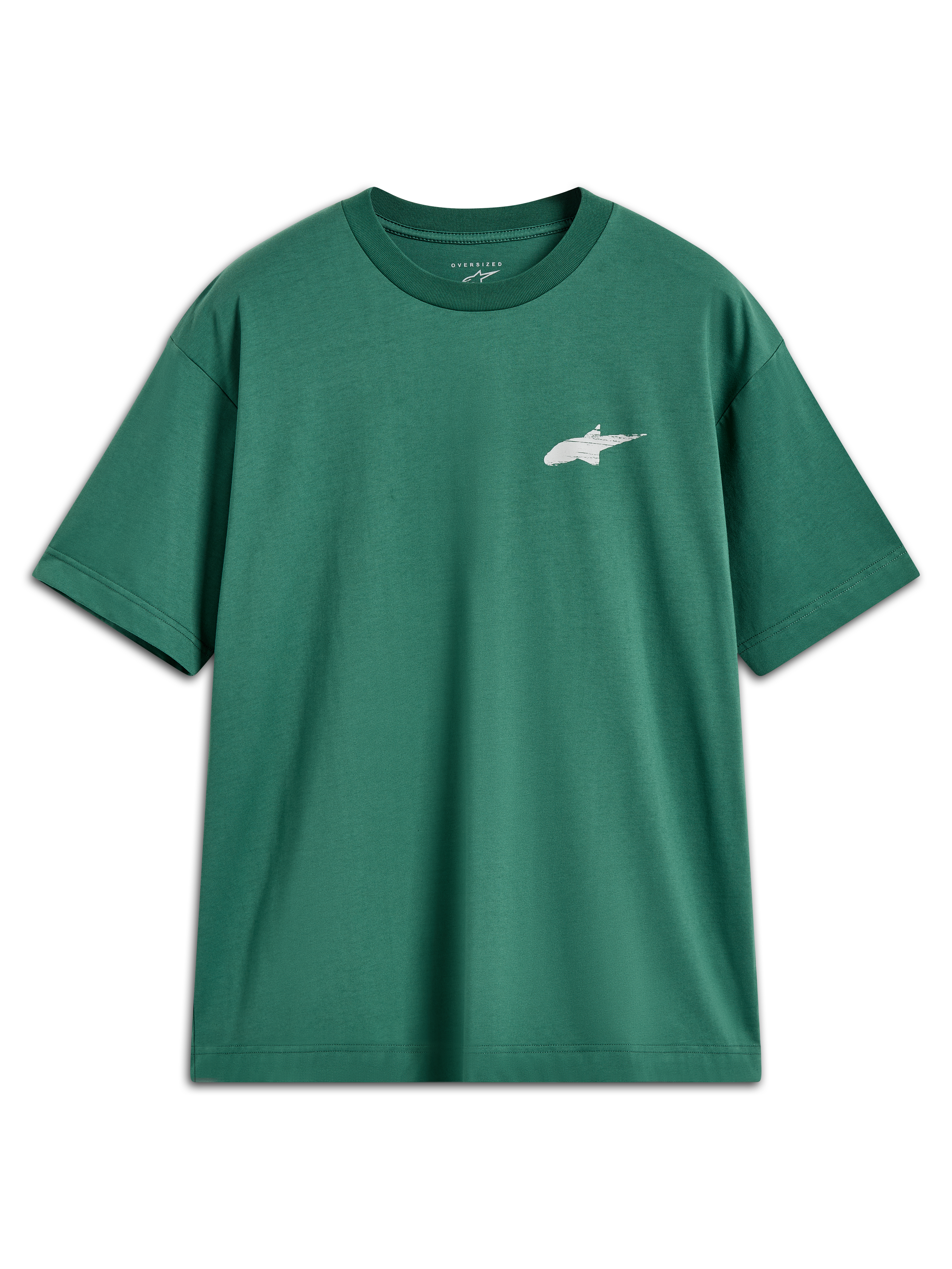 Alpinestars Checkback Oversized CSF Tee, kortærmet grøn t-shirt med hvidt Astars-logo, afslappet sportswear.