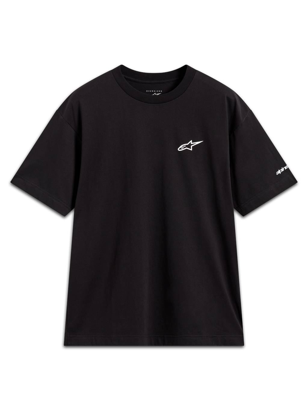 Mandate Oversized CSF Tee, sort kortærmet t-shirt med hvidt puff-print logo og ærmegrafik, oversized pasform.