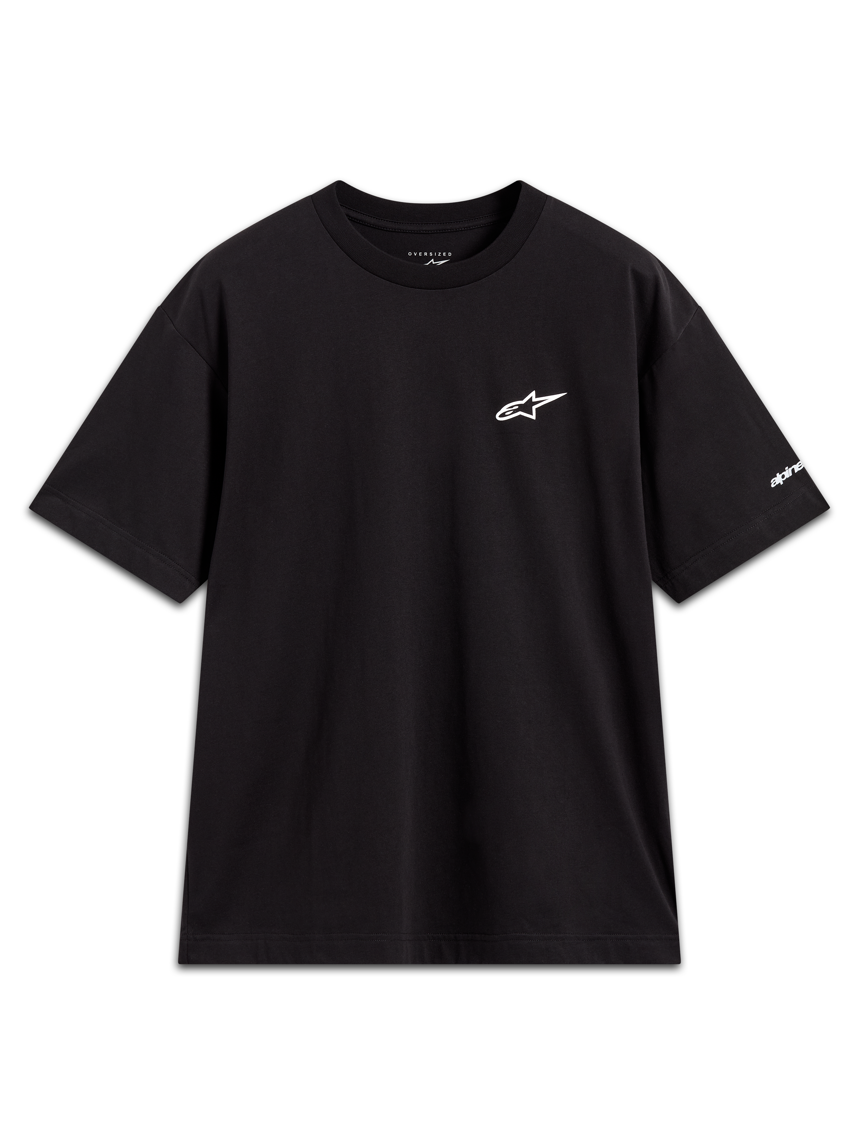 Mandate Oversized CSF Tee, sort kortærmet t-shirt med hvidt puff-print logo og ærmegrafik, oversized pasform.