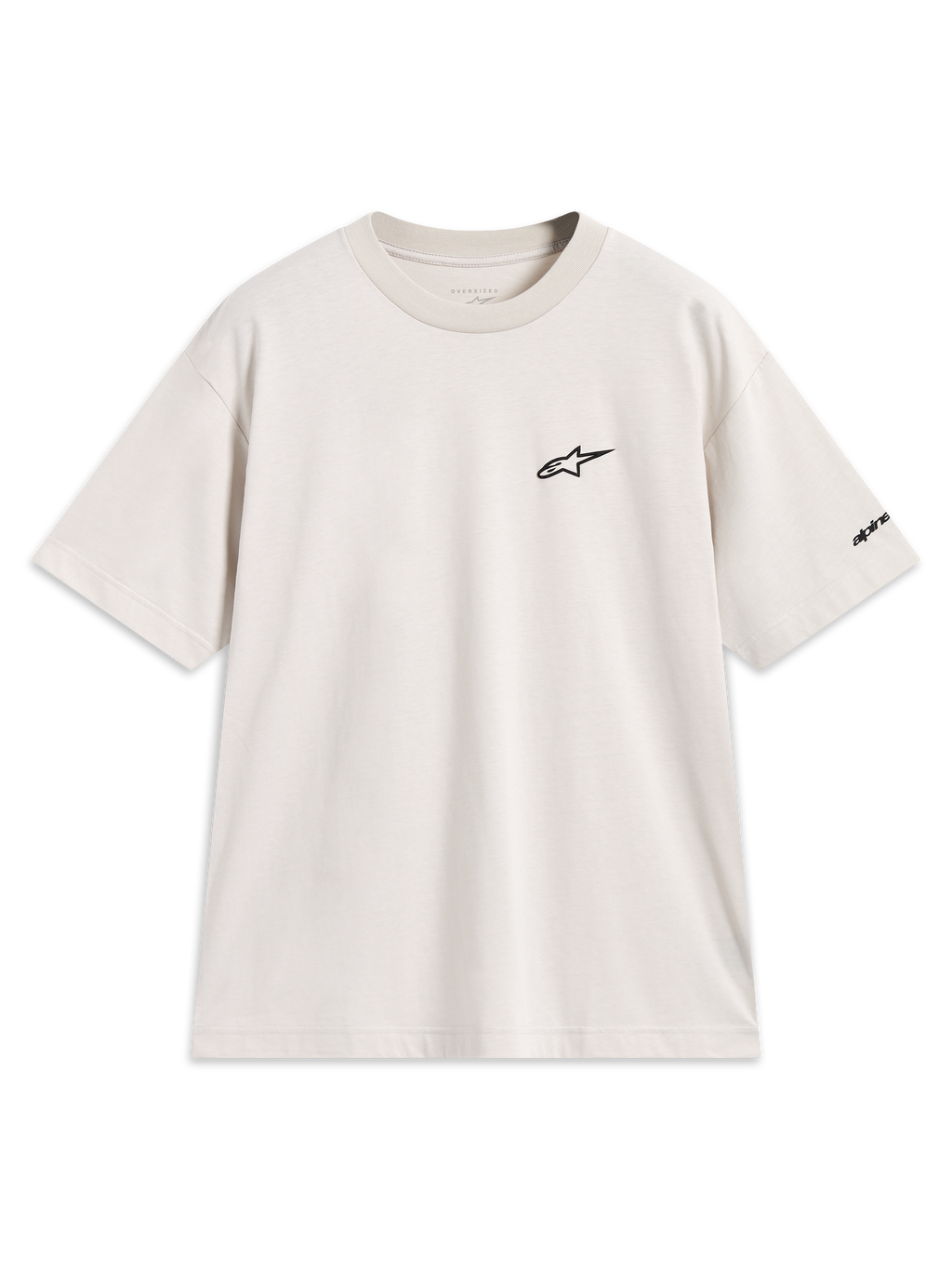 Alpinestars Mandate Oversized CSF Tee, kortærmet t-shirt i sand beige med sort puff-print logo, afslappet sportstøj.