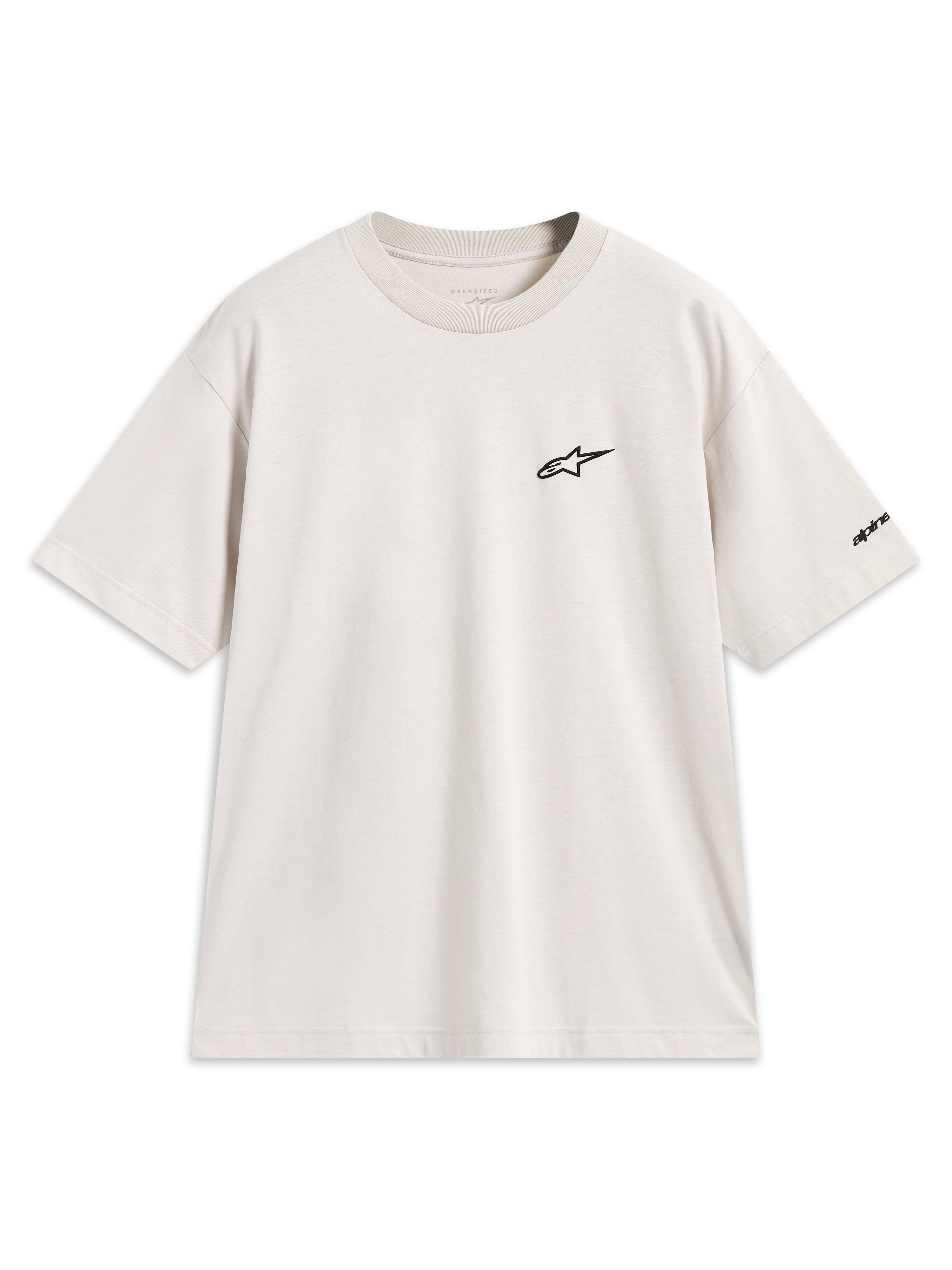 Alpinestars Mandate Oversized CSF Tee, kortærmet t-shirt i sand beige med sort puff-print logo, afslappet sportstøj.