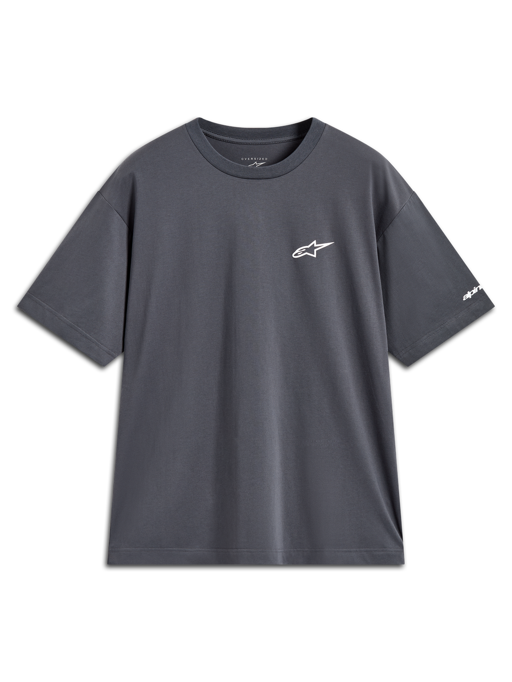 Alpinestars Mandate Oversized CSF T-shirt, mørkegrå kortærmet t-shirt med hvidt stjernelogo og grafik på ærmet.