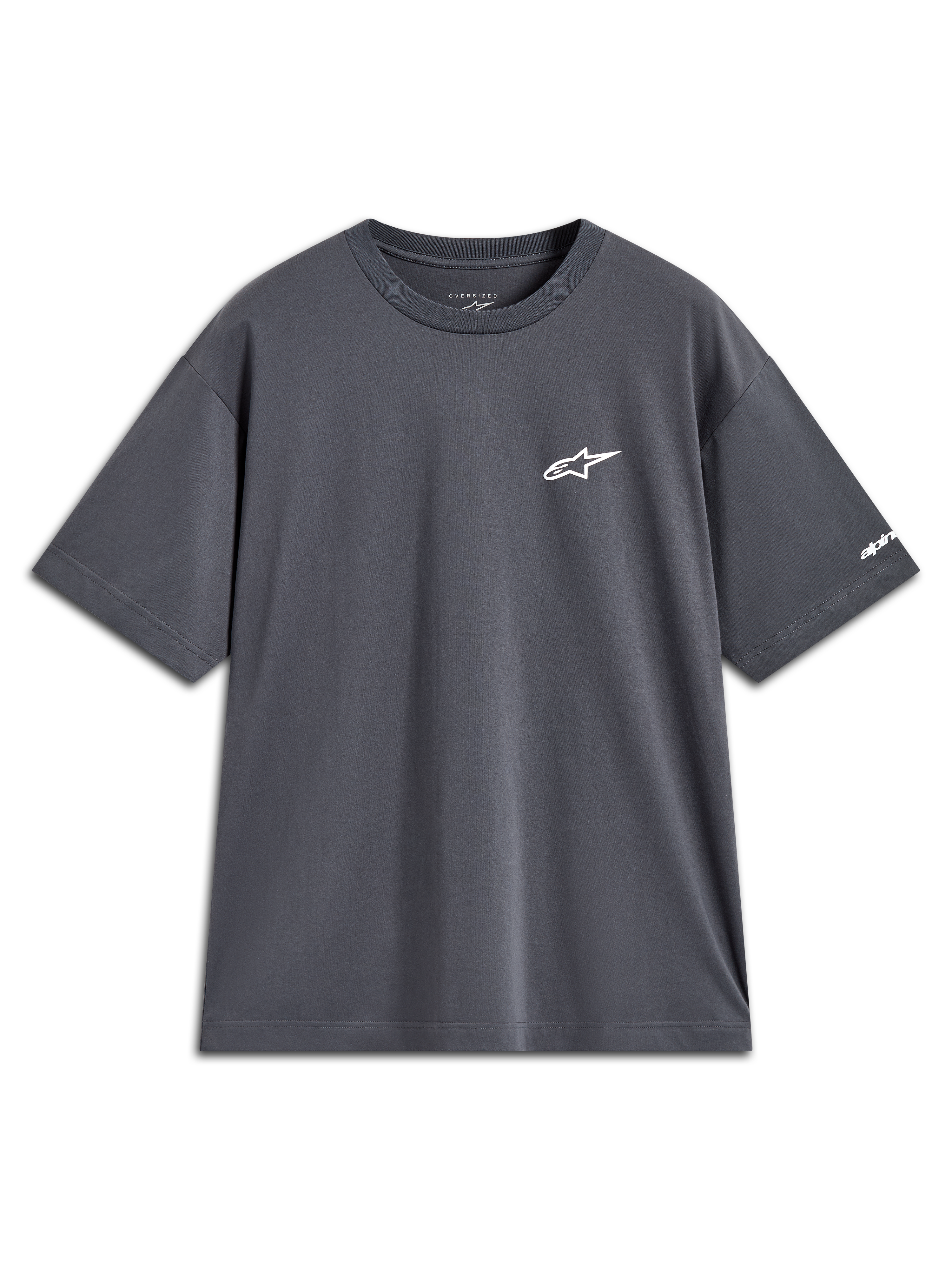 Alpinestars Mandate Oversized CSF T-shirt, mørkegrå kortærmet t-shirt med hvidt stjernelogo og grafik på ærmet.